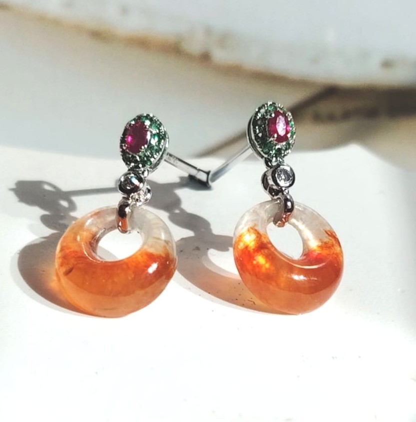 18K White Gold Icy Fanta Orange Princess Safety Coin "公主平安扣“Jade Earrings (PJA01357)