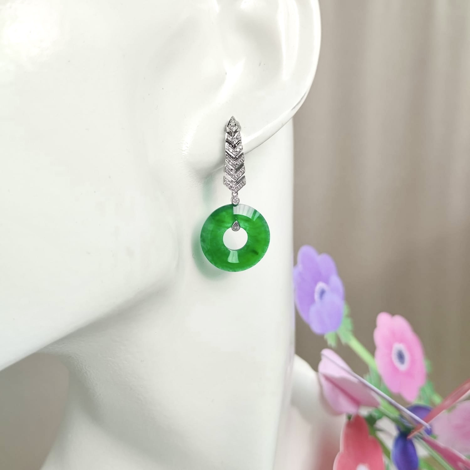 18K White Gold Green Earrings (PJA01166)