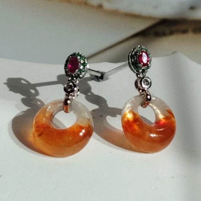 18K White Gold Icy Fanta Orange Princess Safety Coin "公主平安扣“Jade Earrings (PJA01357)