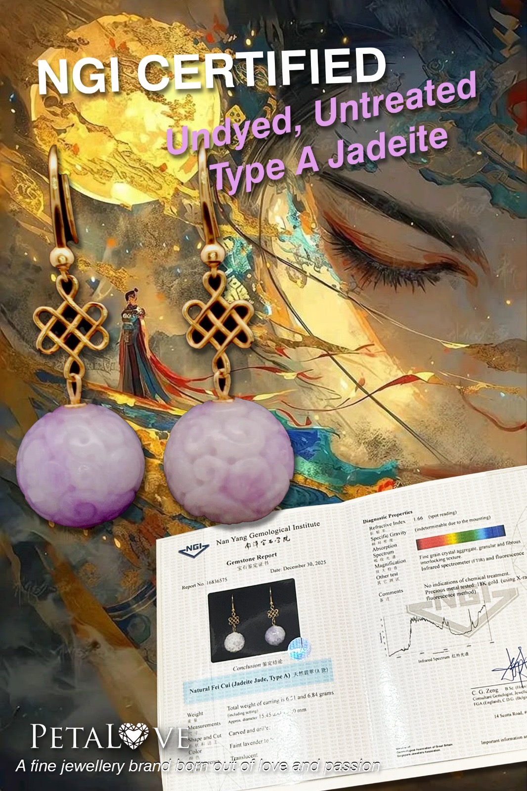 18K Yellow Gold Lavender Beads Jade Earrings (PJA01296)