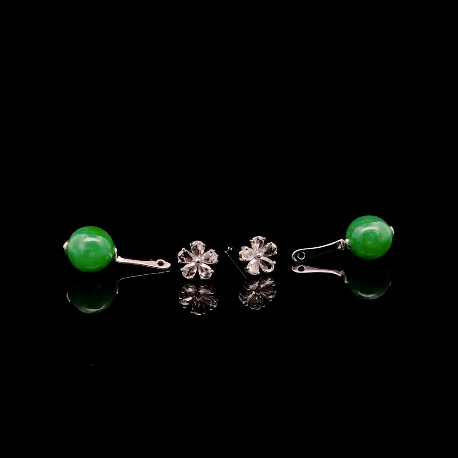 18K White Gold Green Beads Jade Earrings (PJA01270)