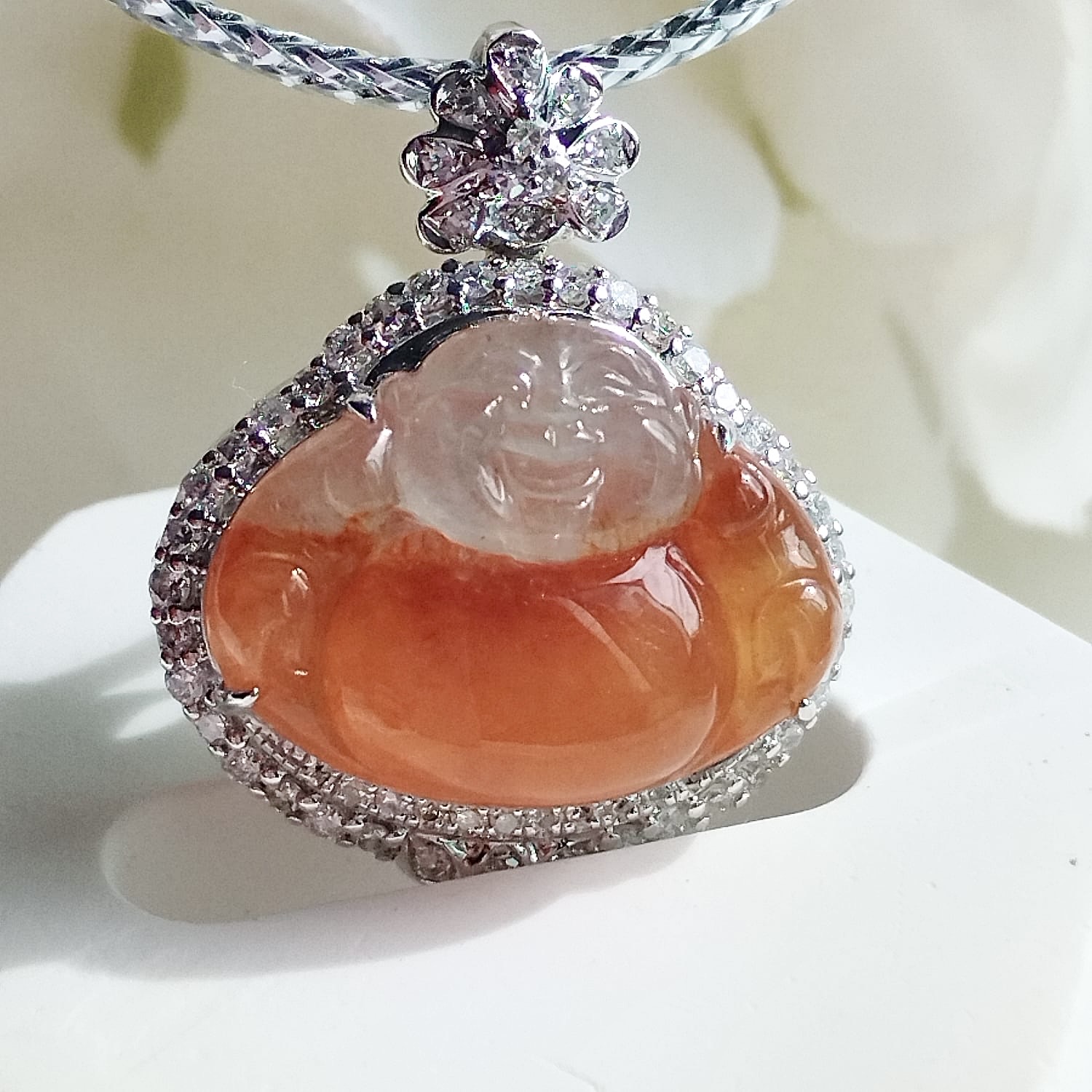 18K White Gold Fanta Orange Laughing Buddha Jade Pendant (PJA01052)