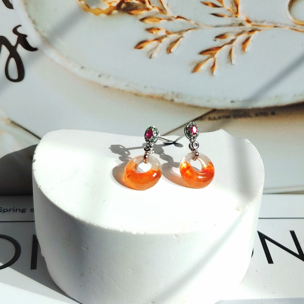 18K White Gold Icy Fanta Orange Princess Safety Coin "公主平安扣“Jade Earrings (PJA01357)