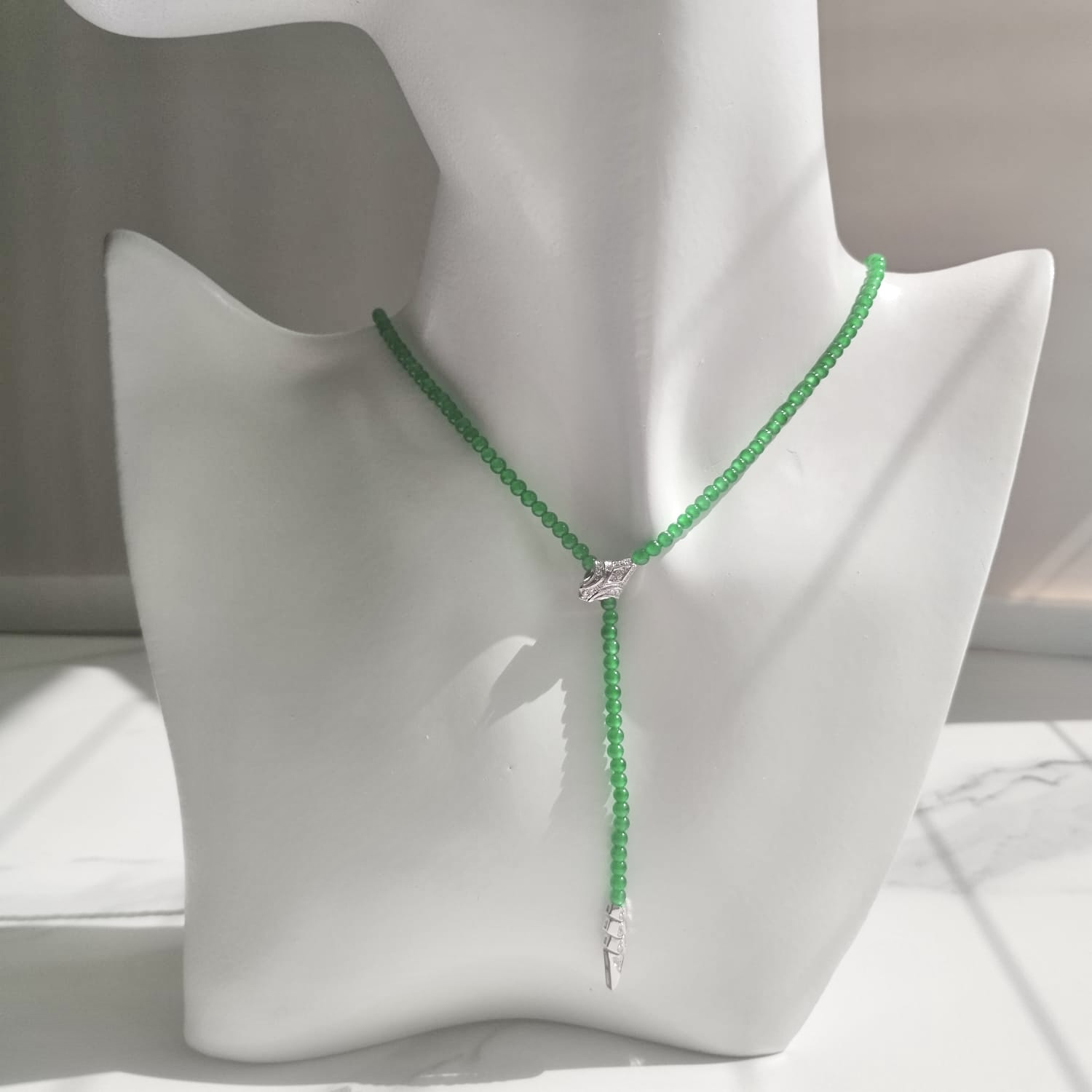 18k White Gold Green Jade Beads Necklace (PJA01022)