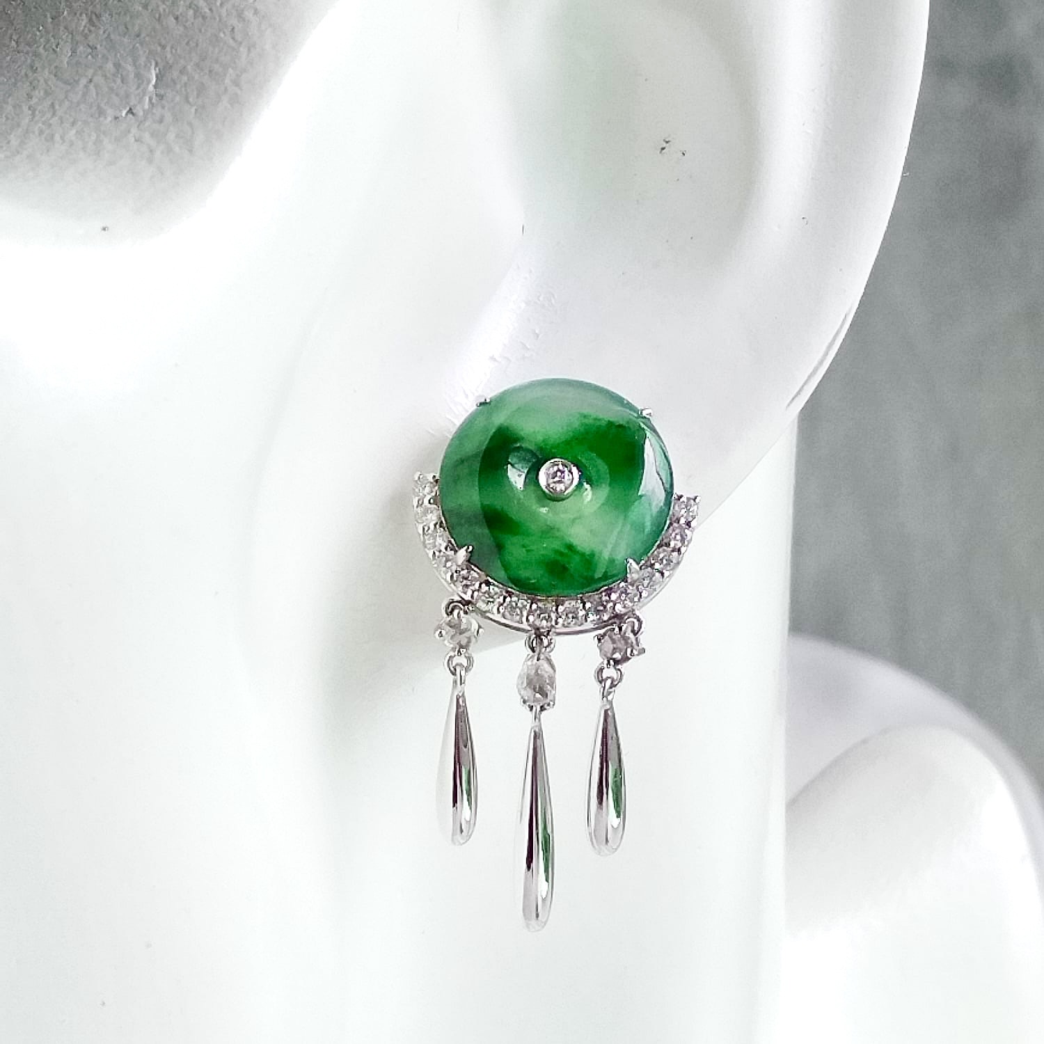 18K White Gold Green Mottled Safety Coin Earrings (PJA01071)