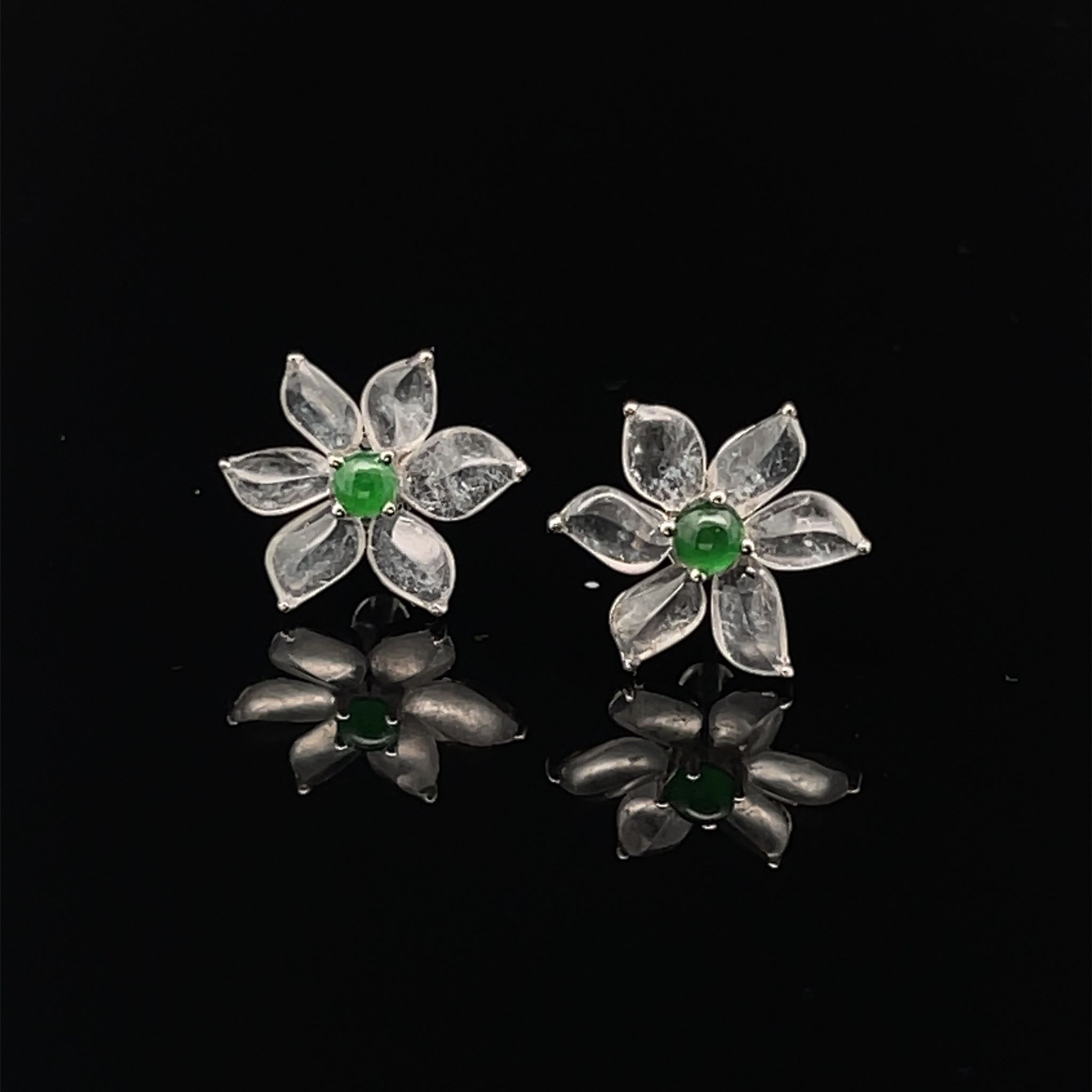 18K White Gold Flower Jade Earrings (PJA00356)