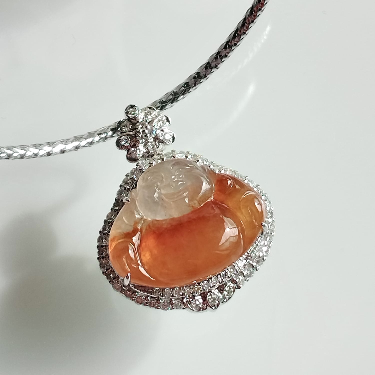 18K White Gold Fanta Orange Laughing Buddha Jade Pendant (PJA01052)