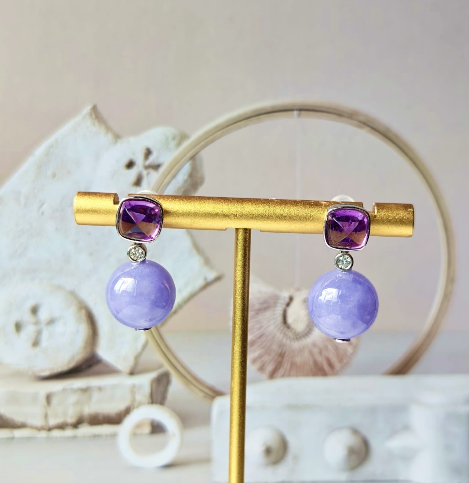 18K White Gold Lavender Beads Jade Earrings (PJA01406)