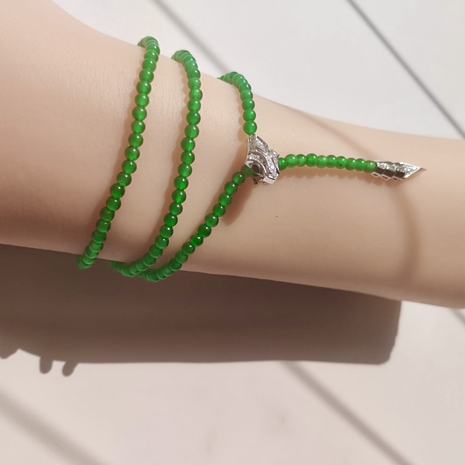 18k White Gold Green Jade Beads Necklace (PJA01022)