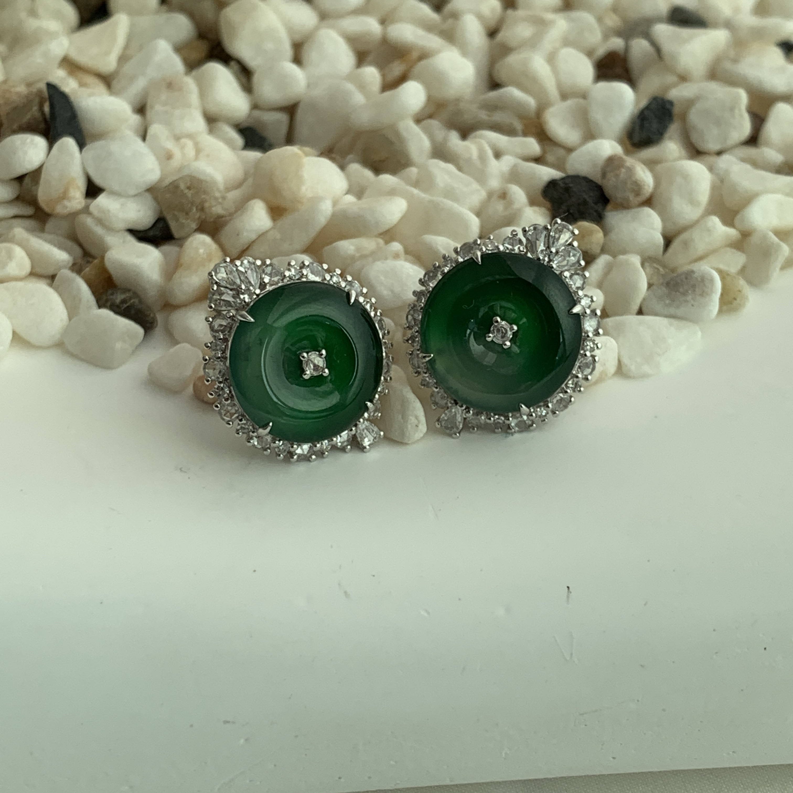 18K White Gold Green Jade Safety Coin Earrings (PJA00649)
