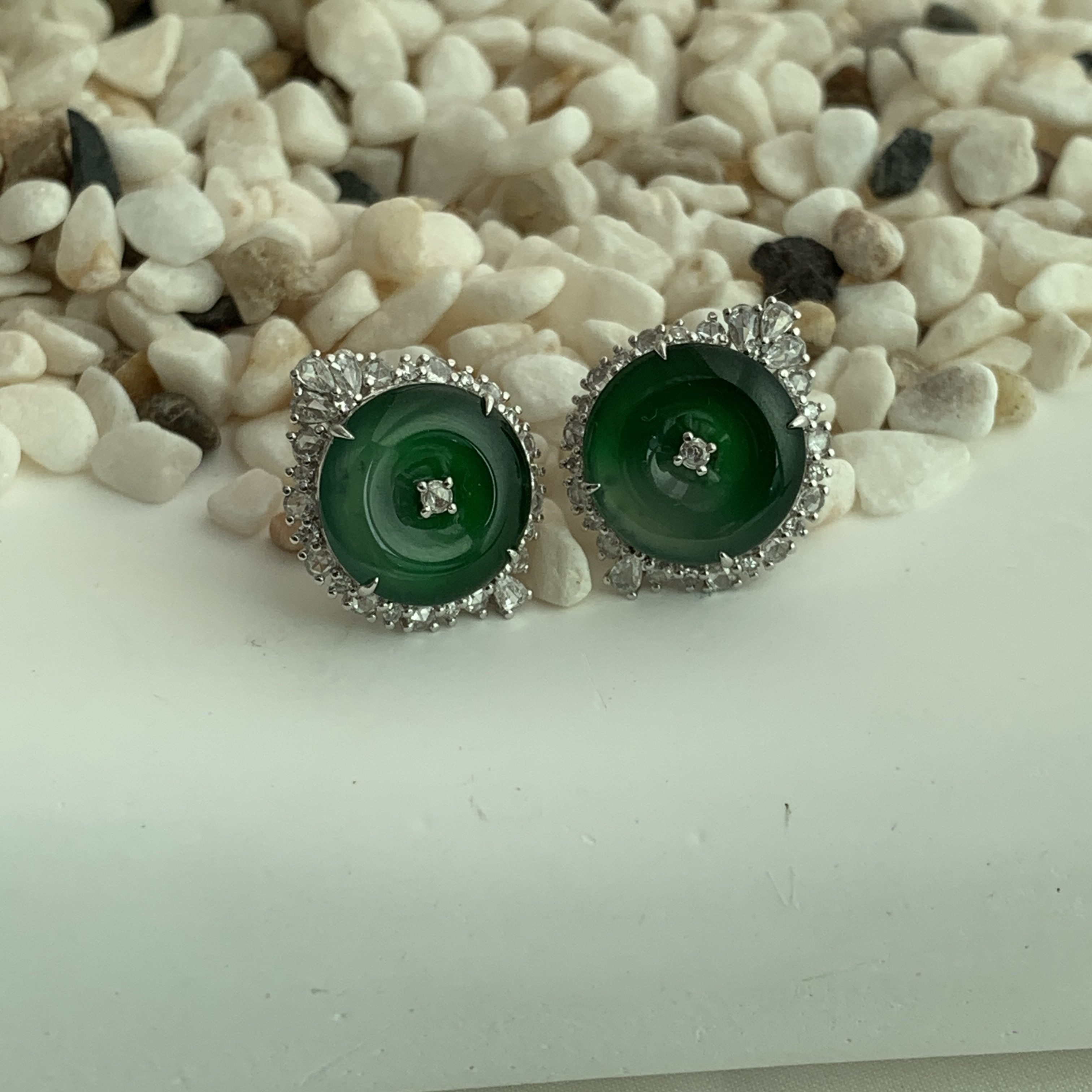 18K White Gold Green Jade Safety Coin Earrings (PJA00649)