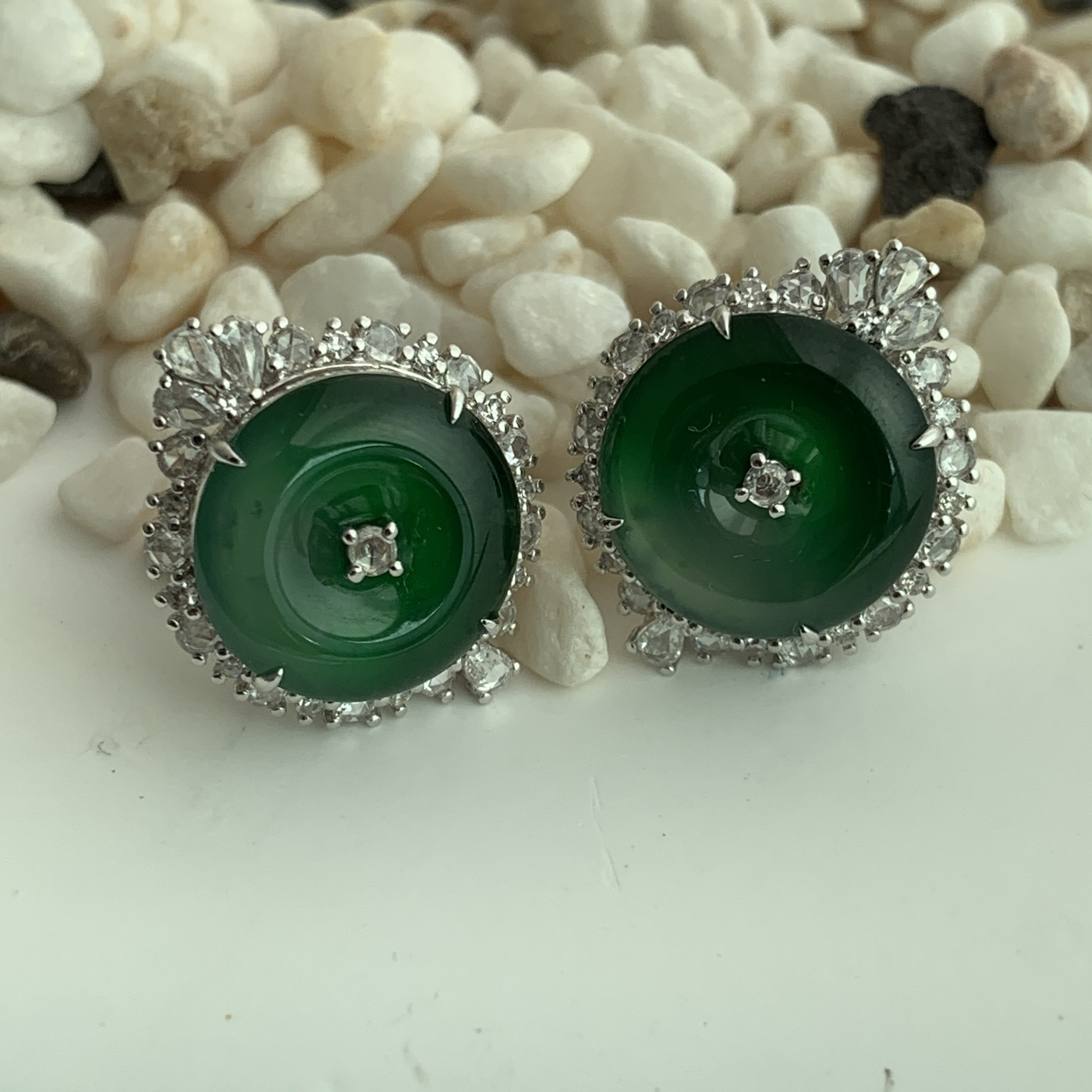 18K White Gold Green Jade Safety Coin Earrings (PJA00649)