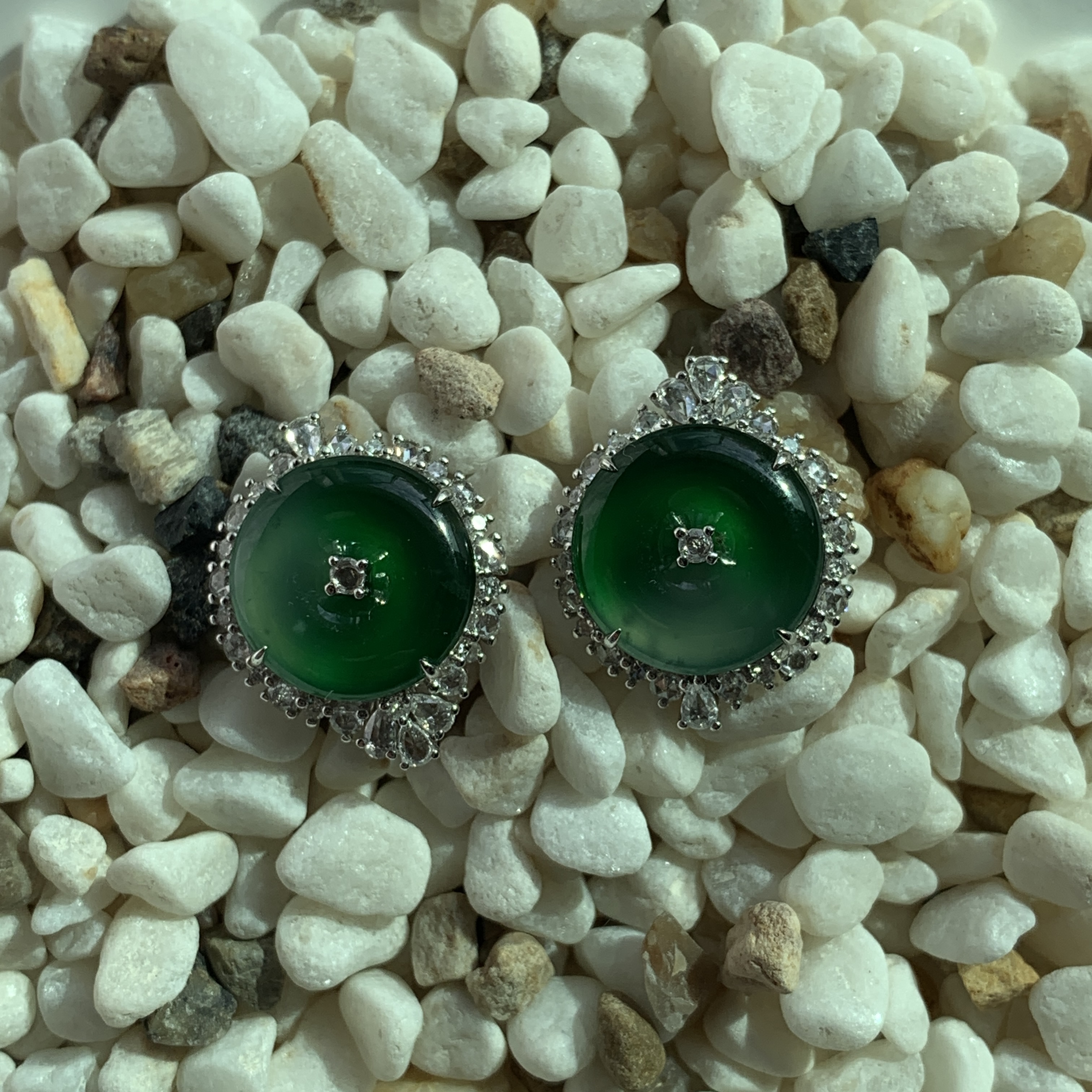 18K White Gold Green Jade Safety Coin Earrings (PJA00649)