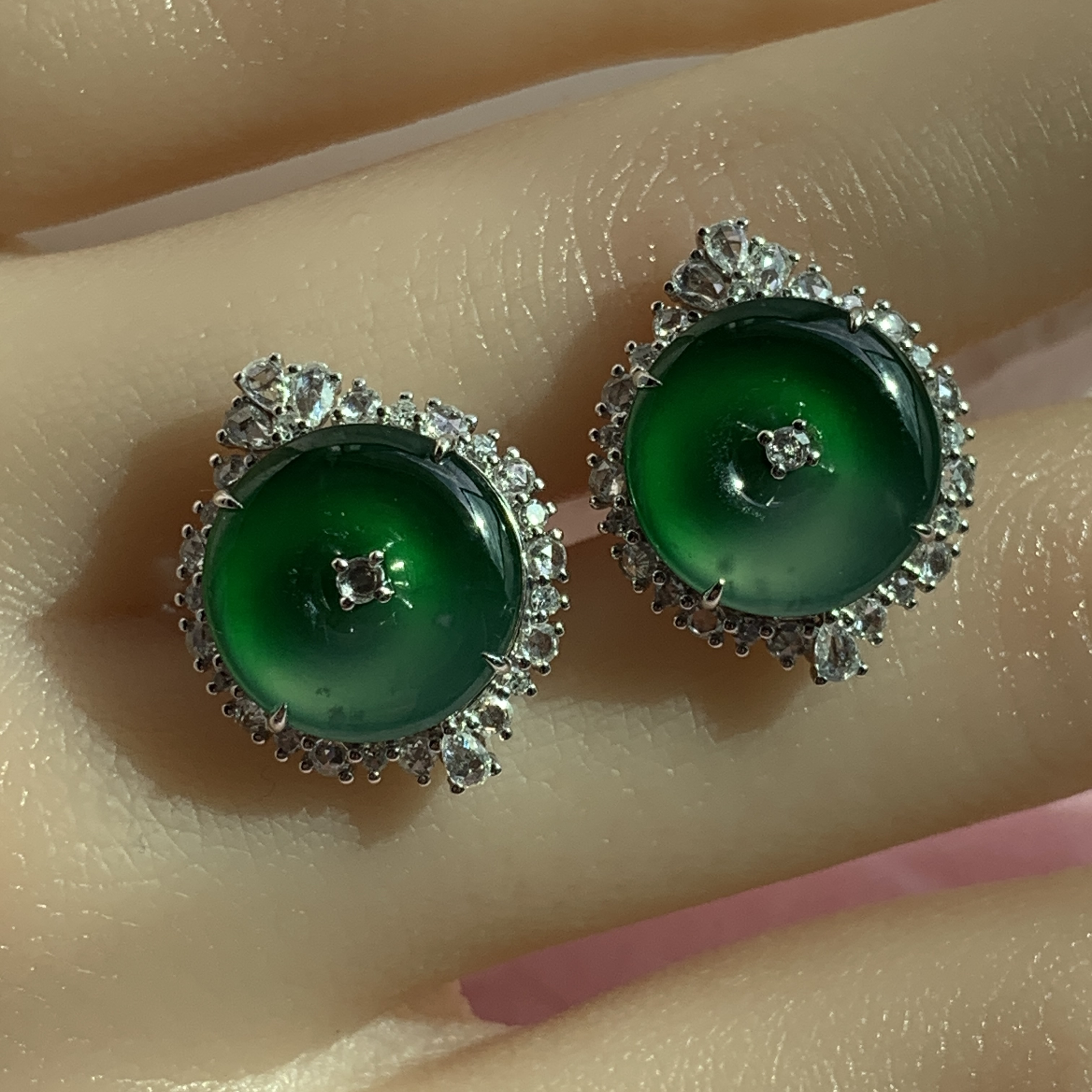 18K White Gold Green Jade Safety Coin Earrings (PJA00649)