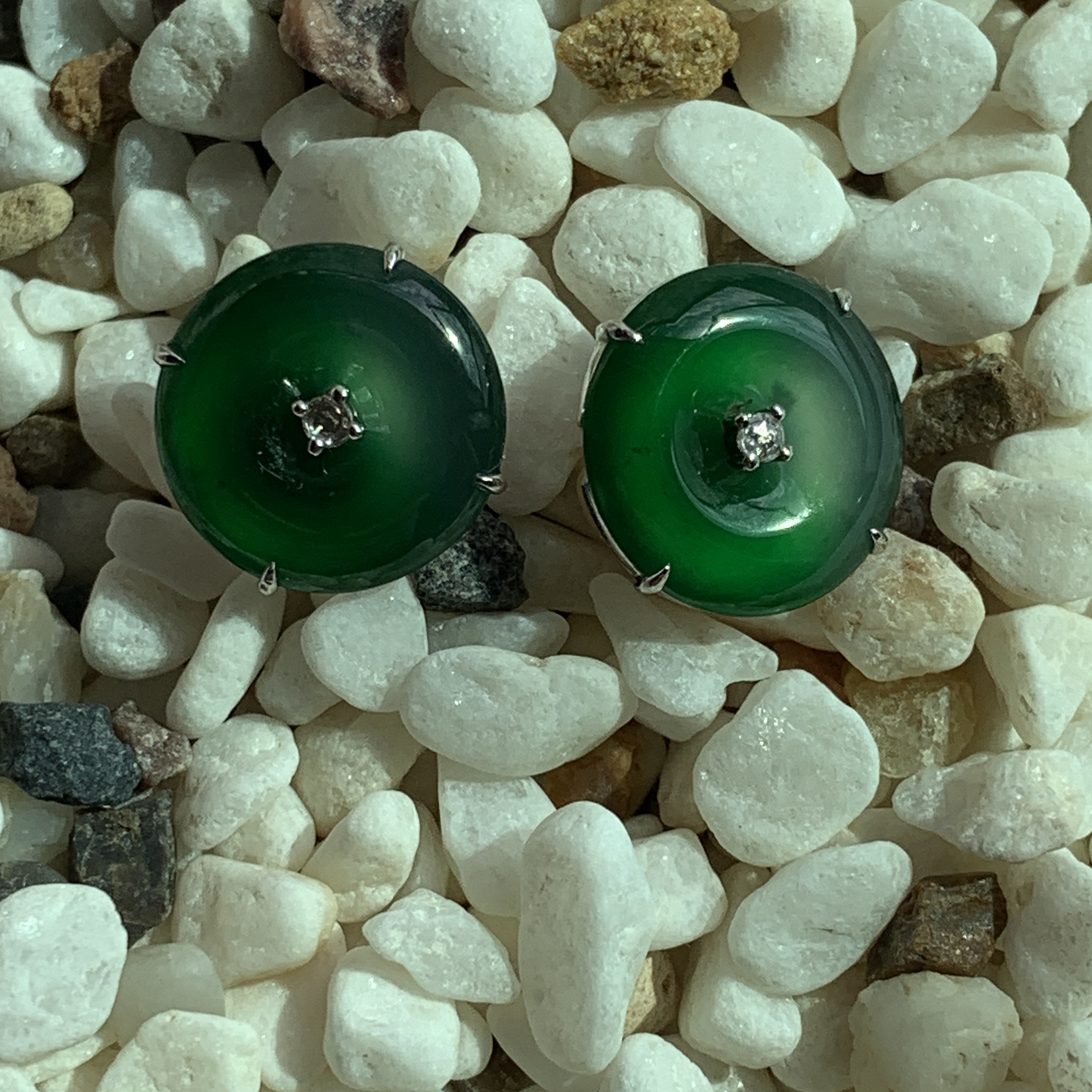 18K White Gold Green Jade Safety Coin Earrings (PJA00649)