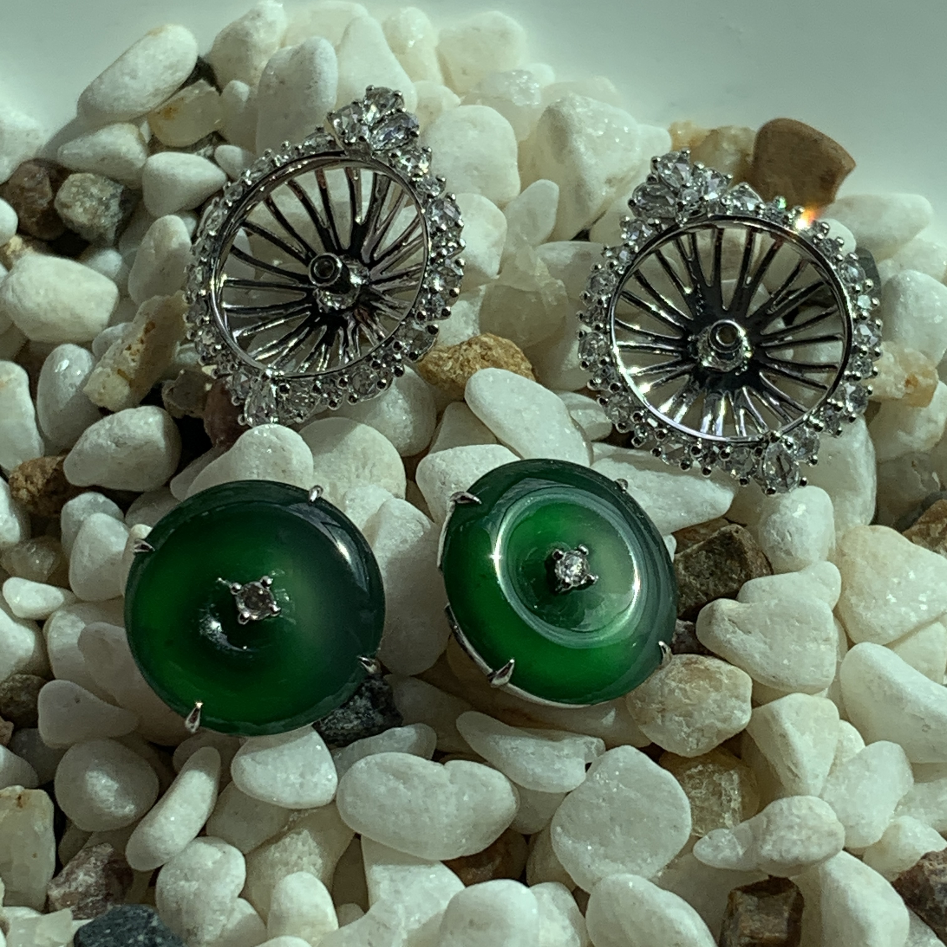 18K White Gold Green Jade Safety Coin Earrings (PJA00649)