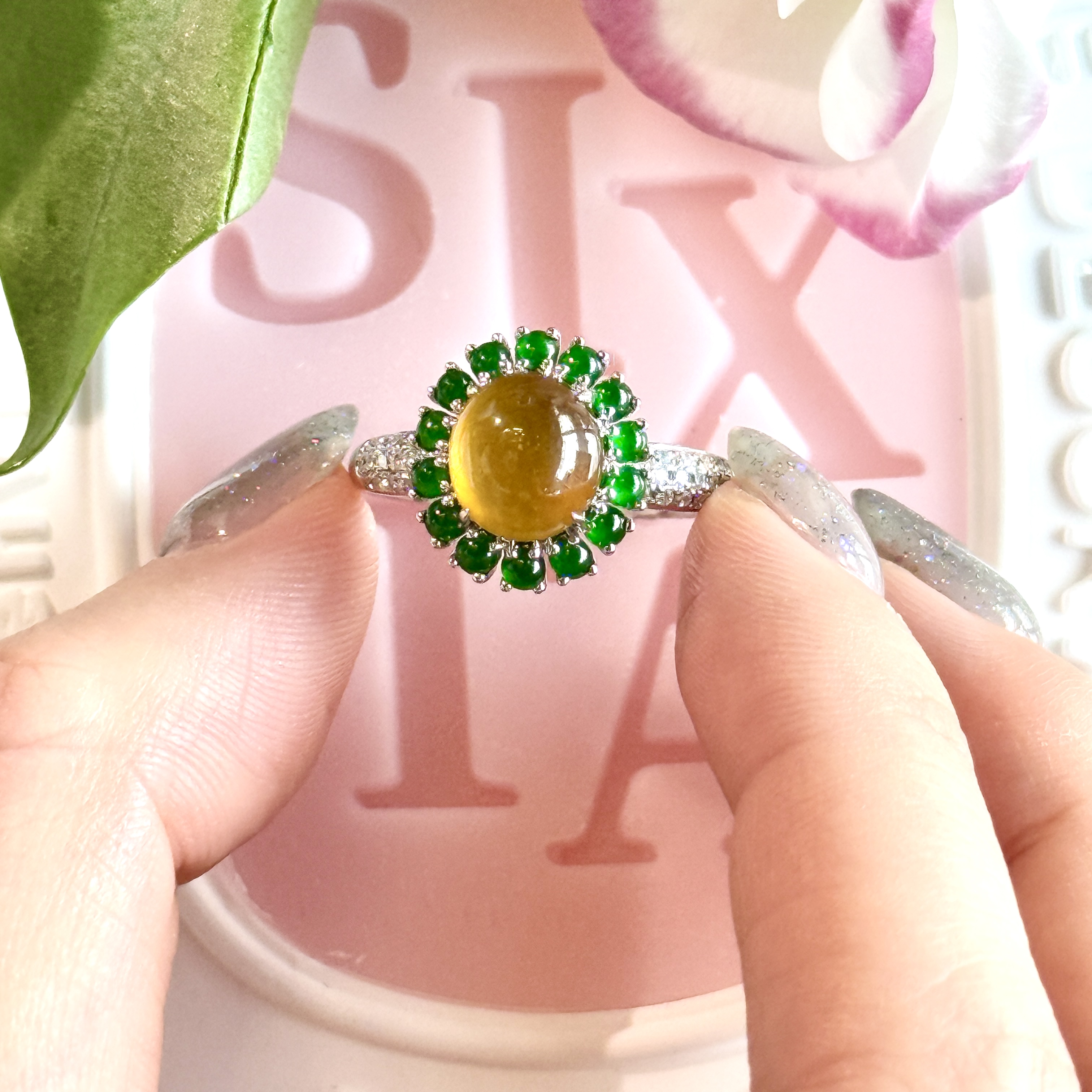 18k White Gold Orange Jade Ring (PJA00853)