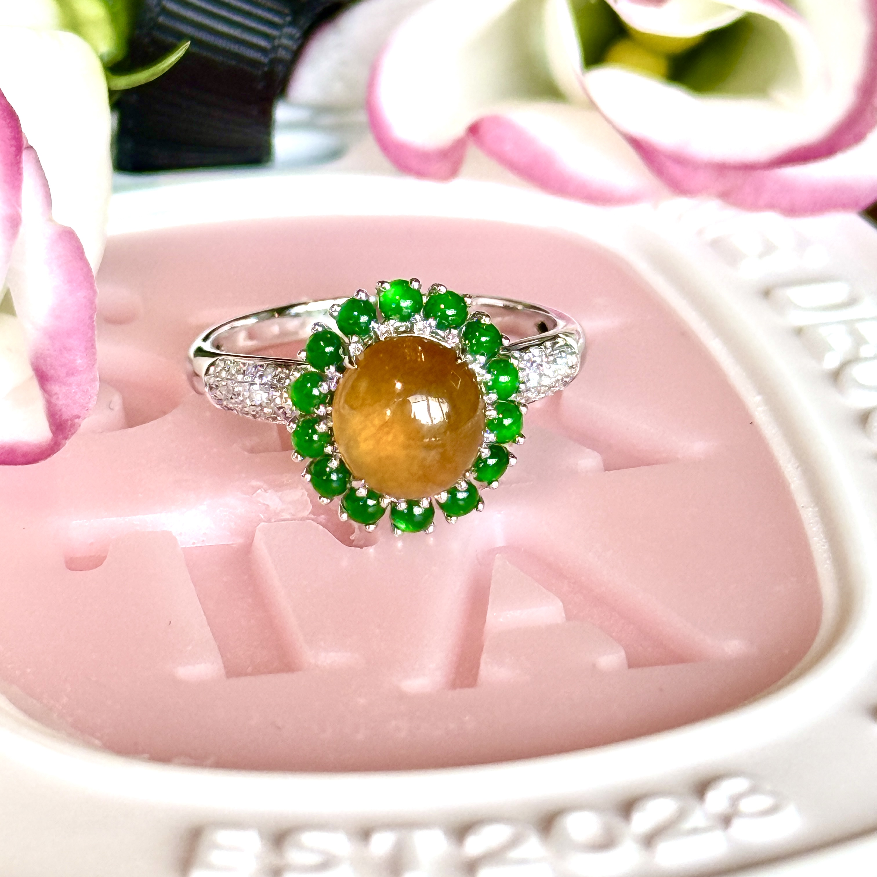 18k White Gold Orange Jade Ring (PJA00853)