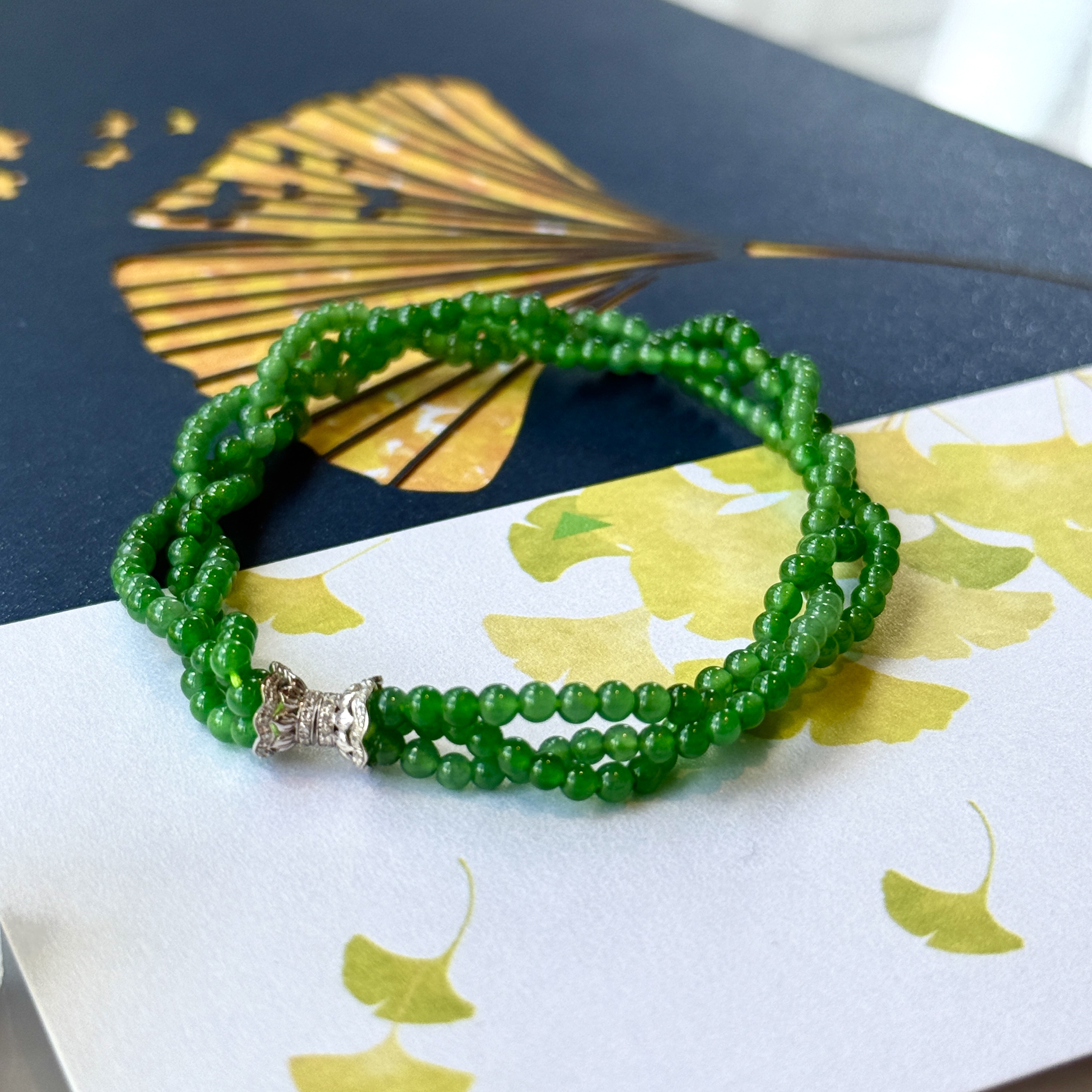 18K White Gold Clasp Green Beads Jade Bracelet (PJA01050)