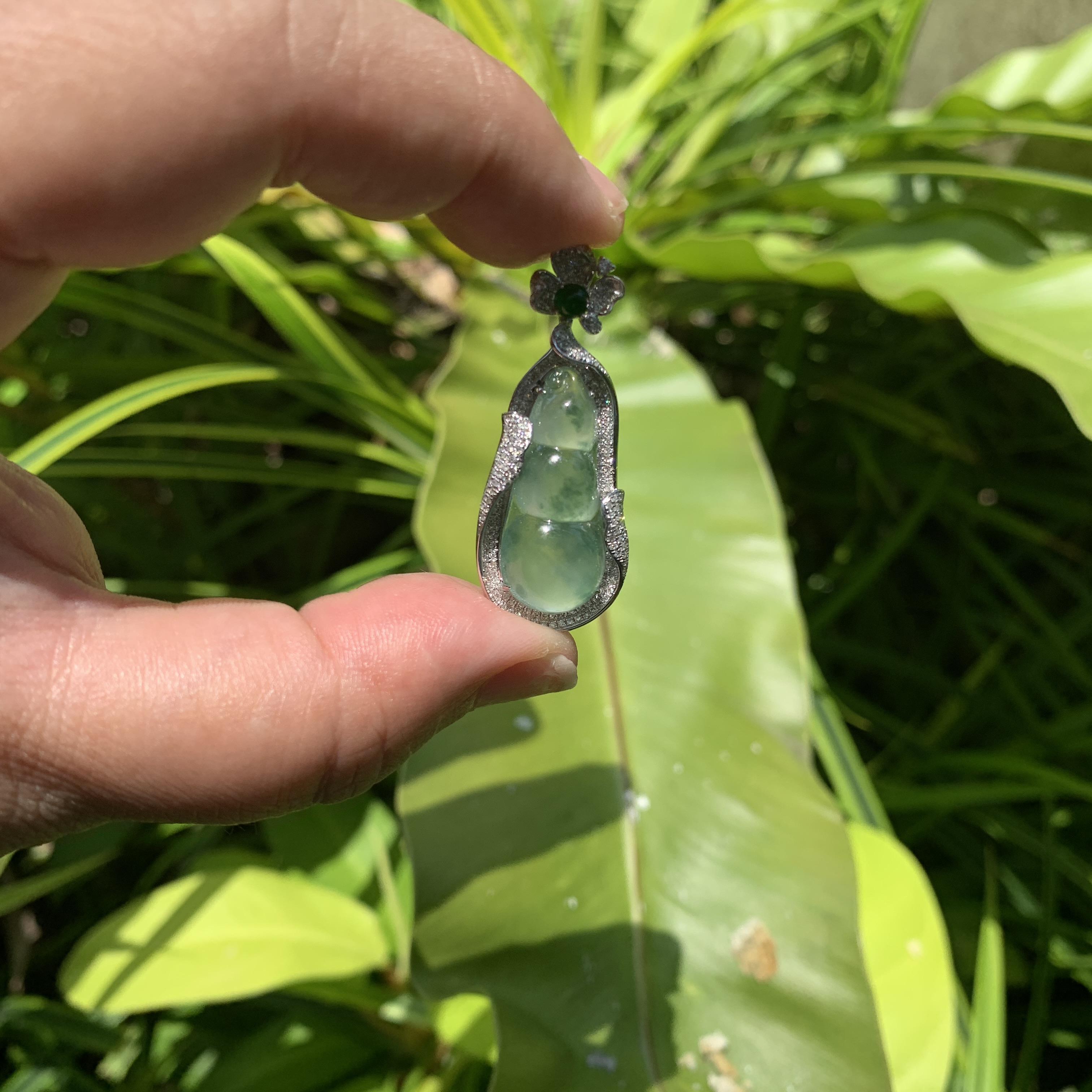 Bluish Green Piao Hua Peapod Jade Pendant (PJA00697)