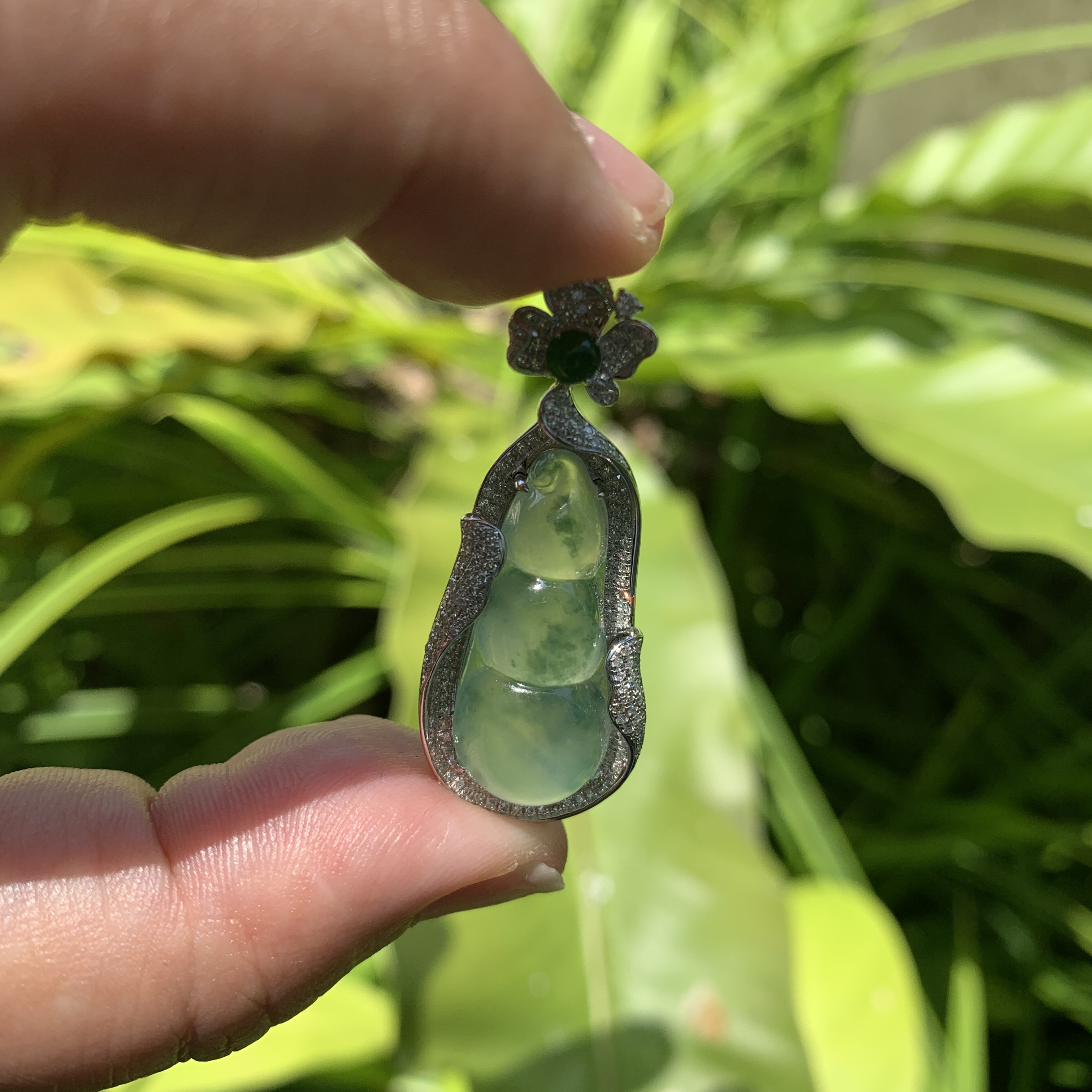 Bluish Green Piao Hua Peapod Jade Pendant (PJA00697)