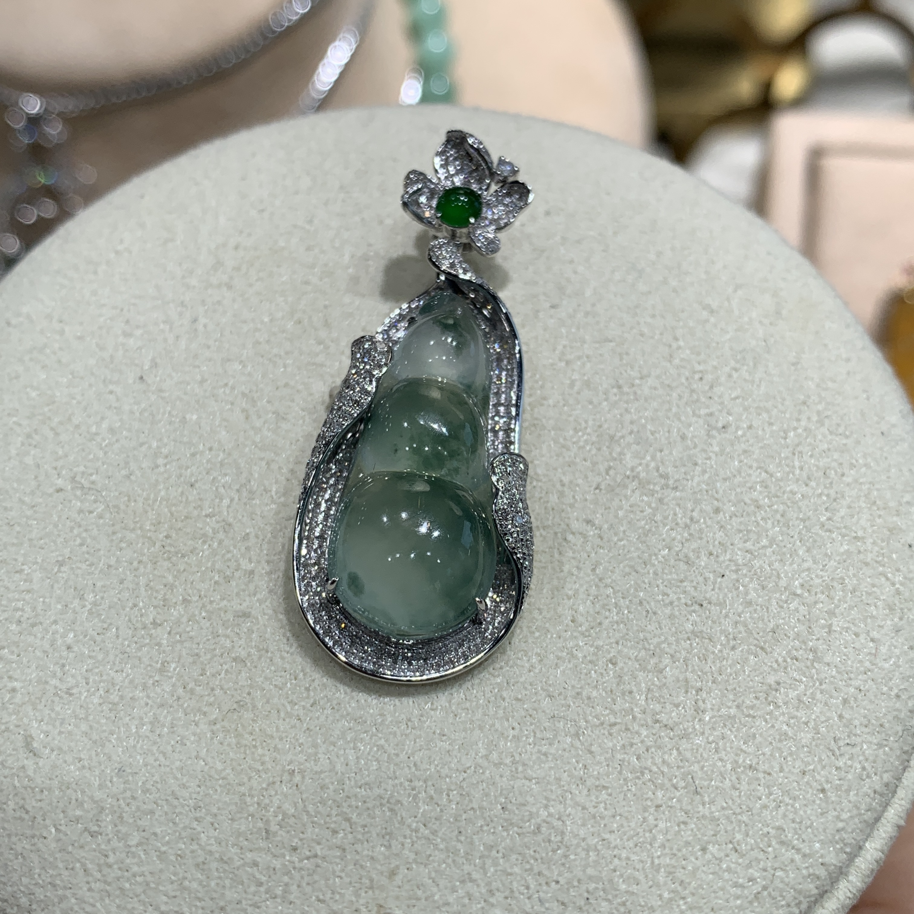 Bluish Green Piao Hua Peapod Jade Pendant (PJA00697)