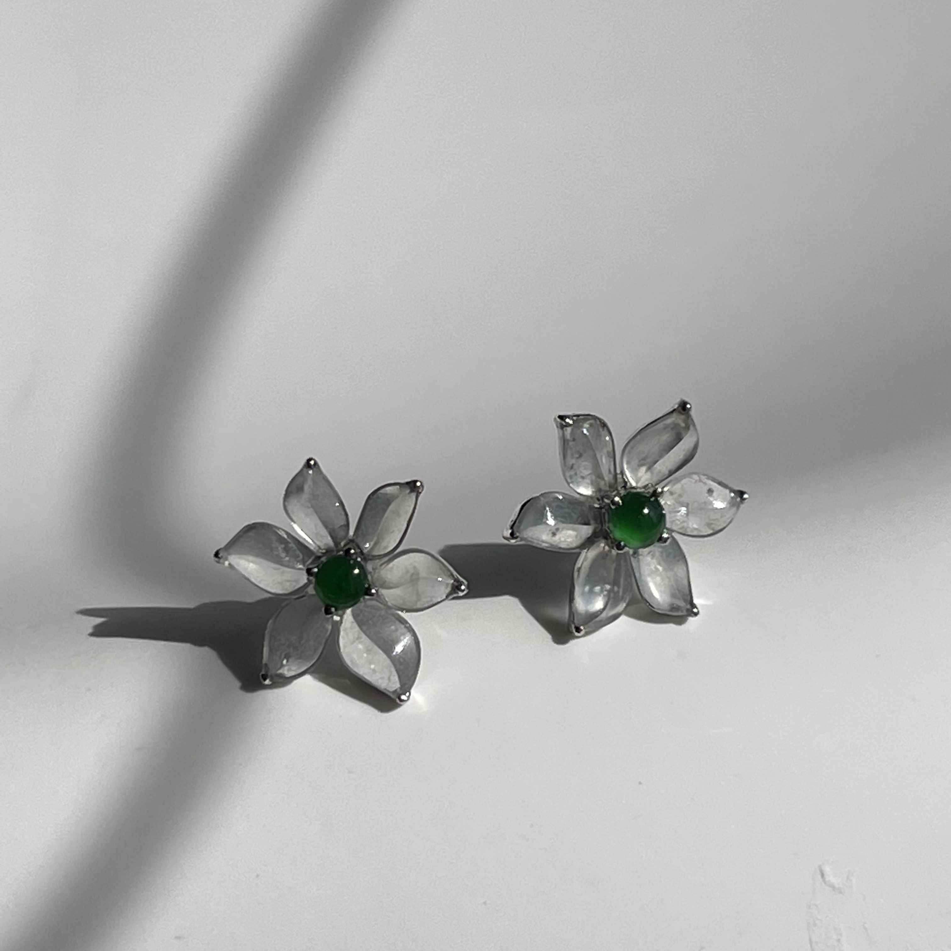 18K White Gold Flower Jade Earrings (PJA00356)
