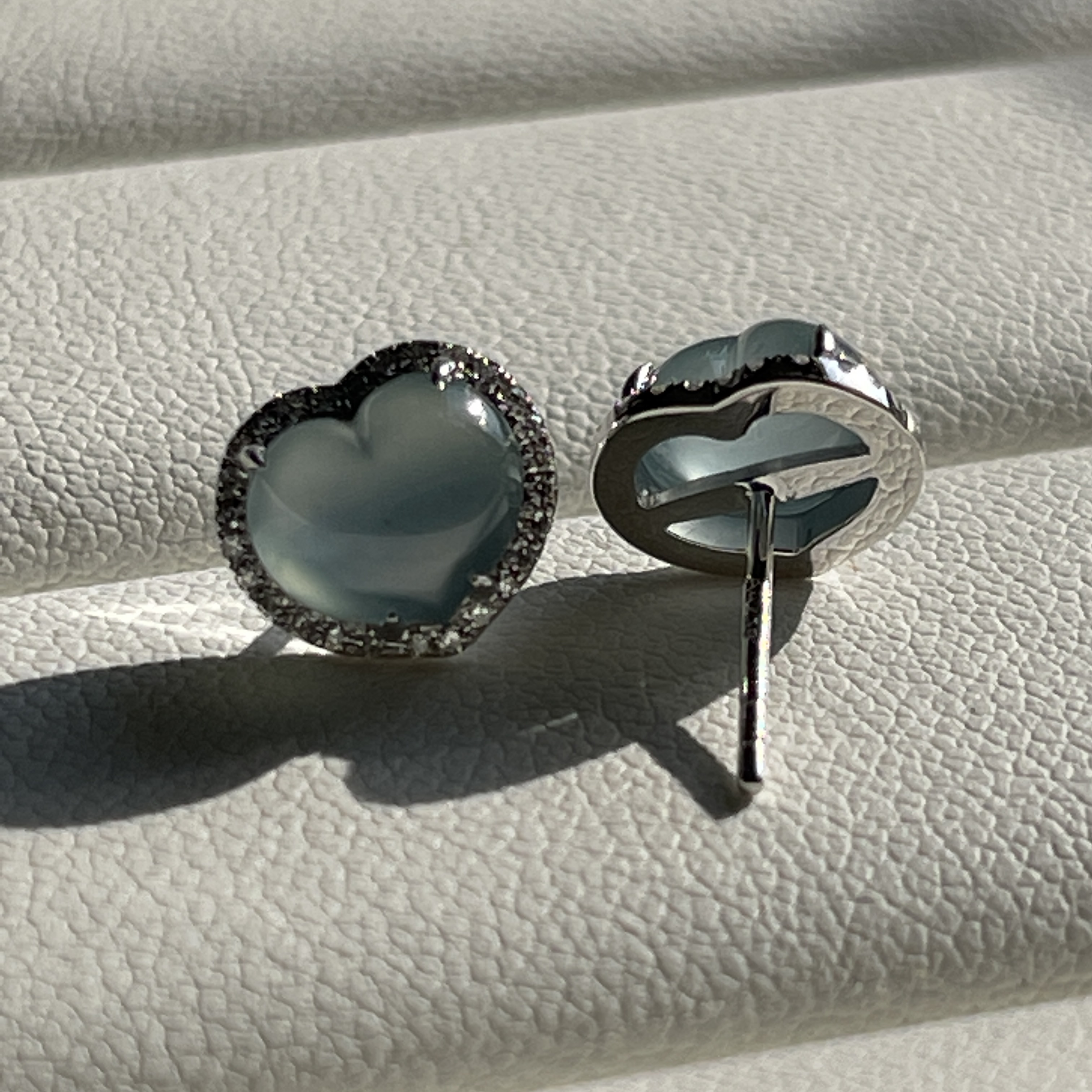 18K White Gold Light Blue Heart Shaped Jade Earrings (PJA00414)