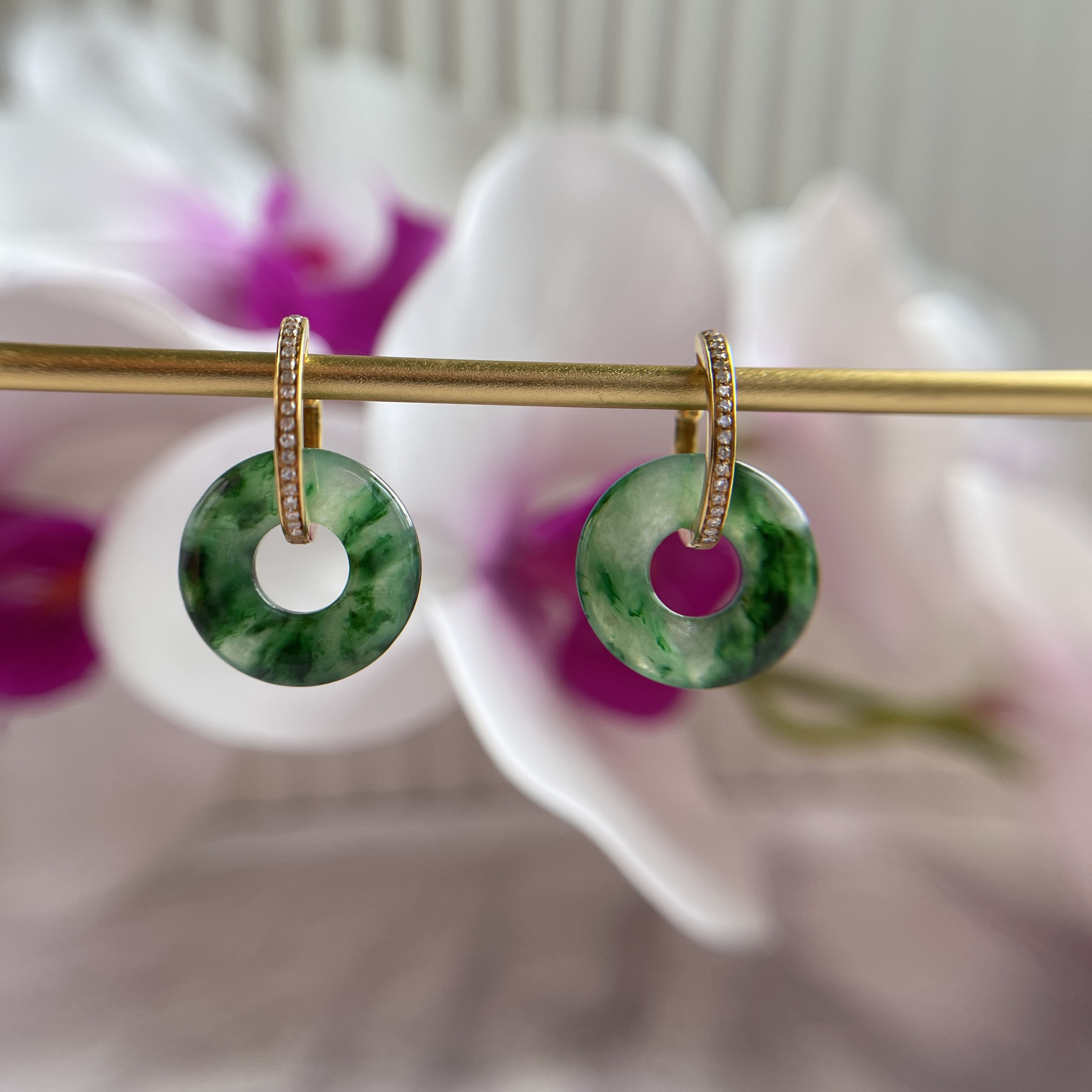 18K Yellow Gold Green Donuts Jade Earrings (PJA00246)