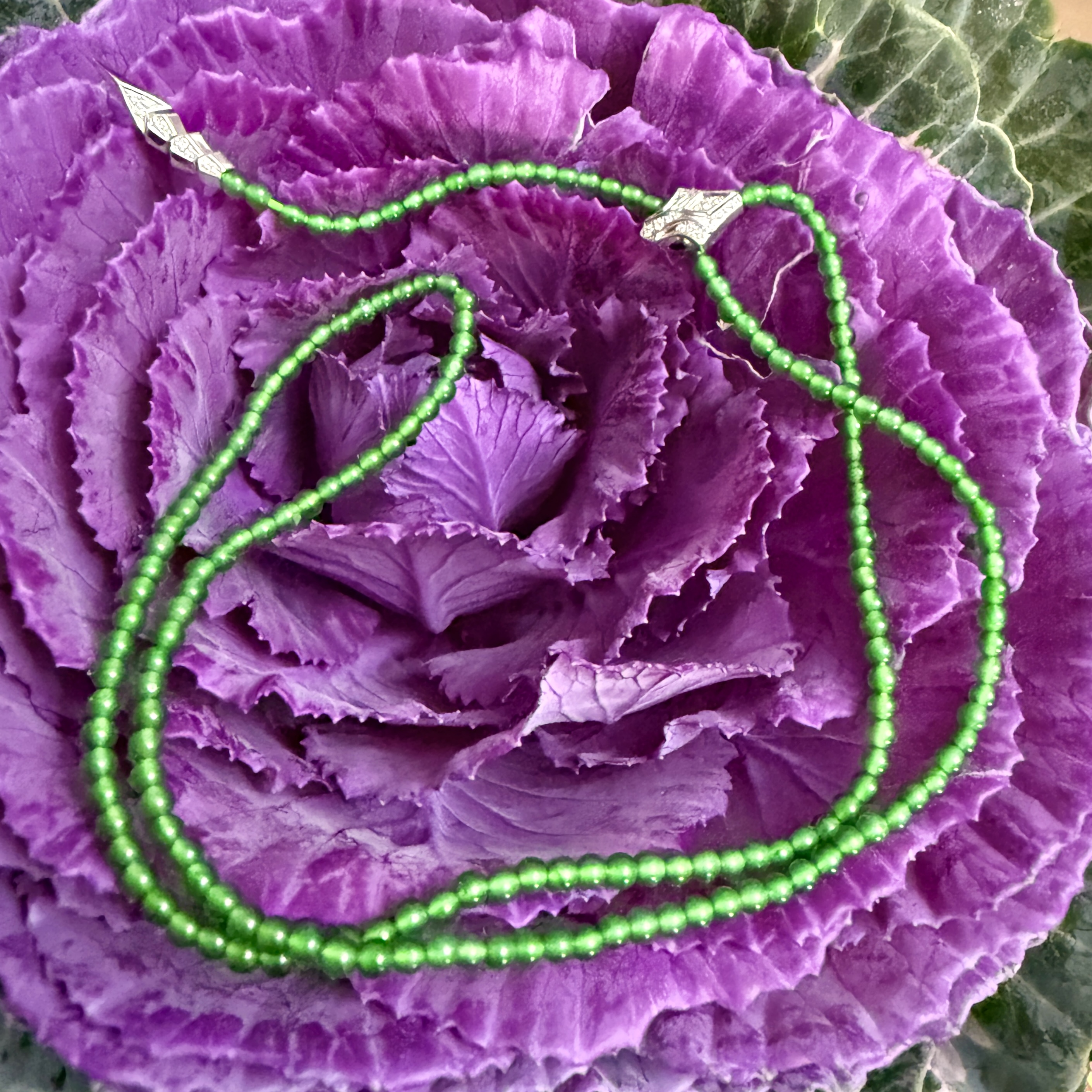 18k White Gold Green Jade Beads Necklace (PJA01022)