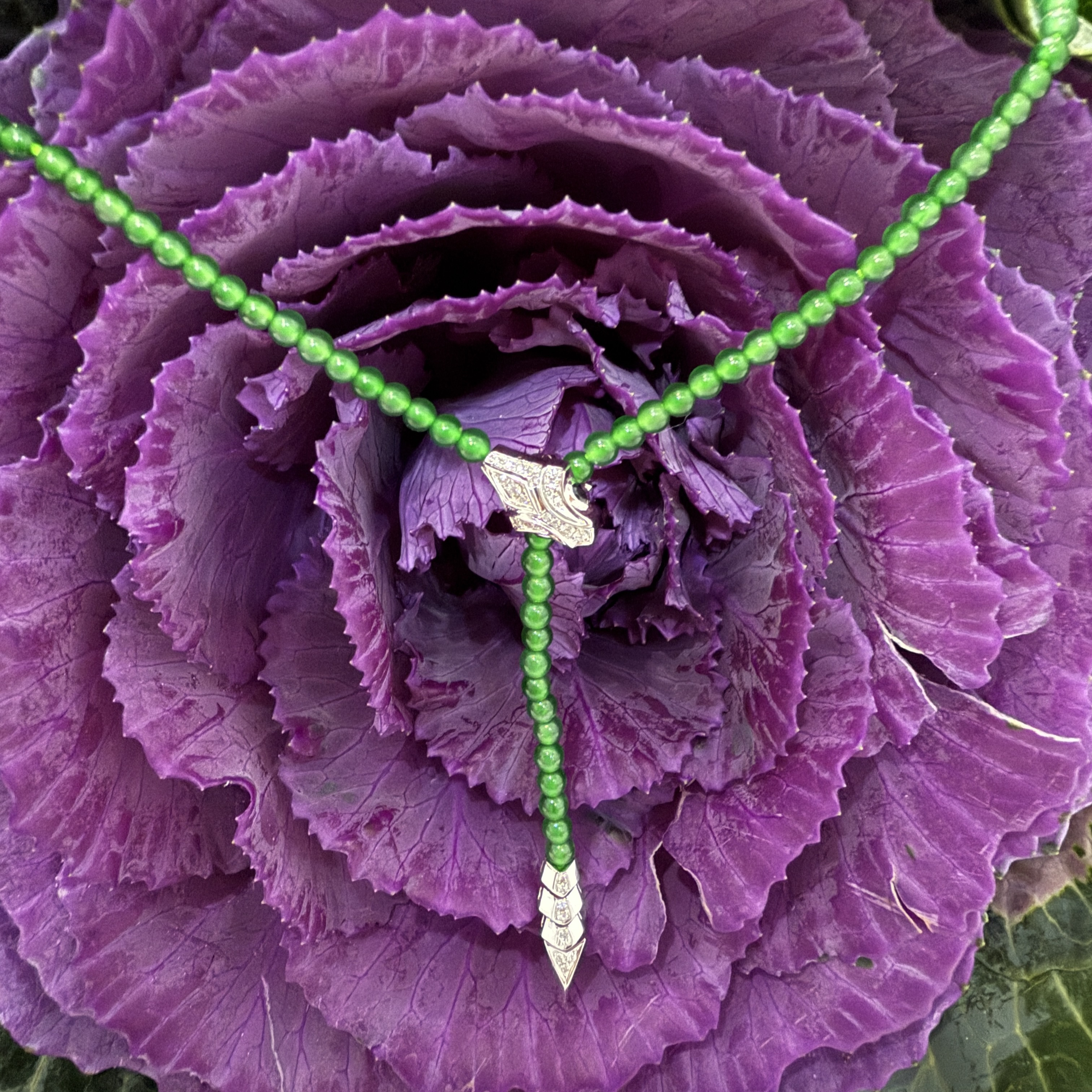 18k White Gold Green Jade Beads Necklace (PJA01022)