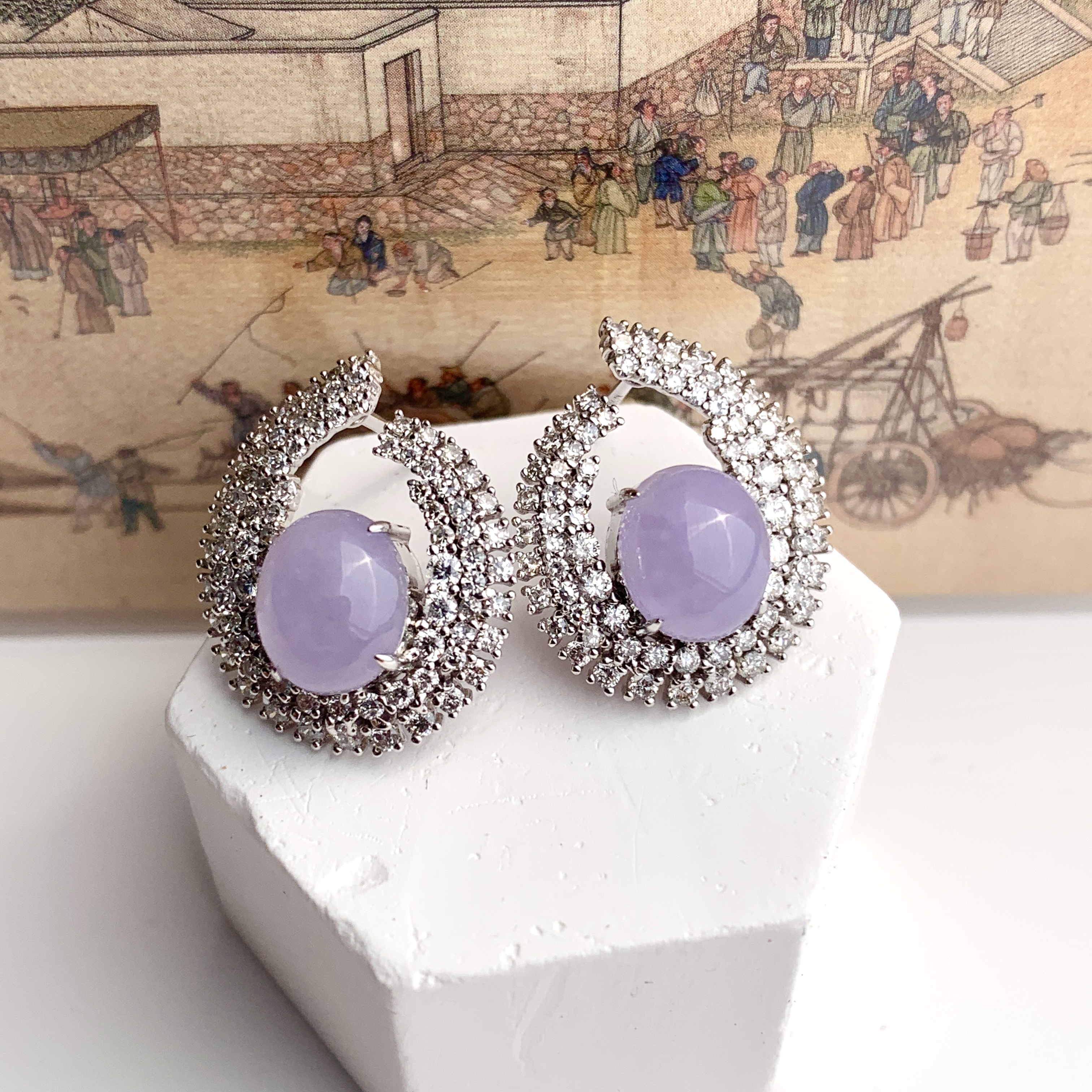 18K White Gold Lavender Jade Ear Studs (PJA00744)