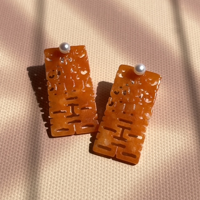 18K Double Happiness Carved Red Jade Earrings (PJA00229)