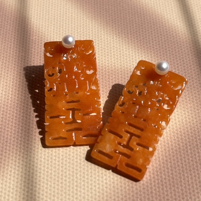 18K Double Happiness Carved Red Jade Earrings (PJA00229)