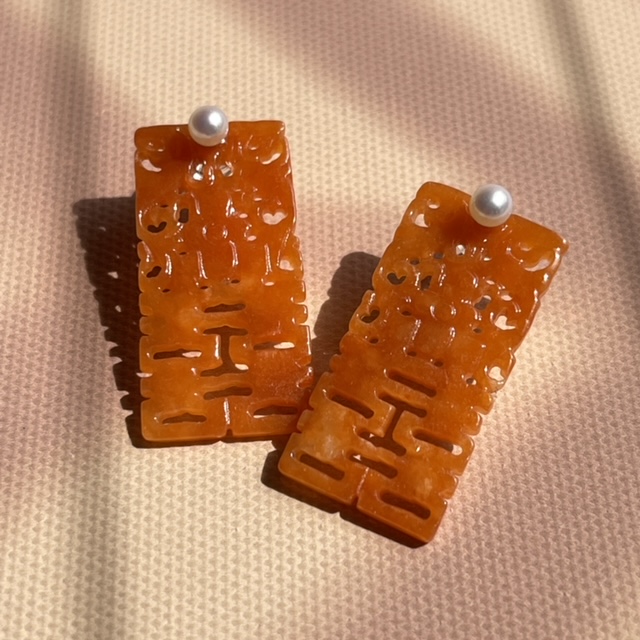18K Double Happiness Carved Red Jade Earrings (PJA00229)