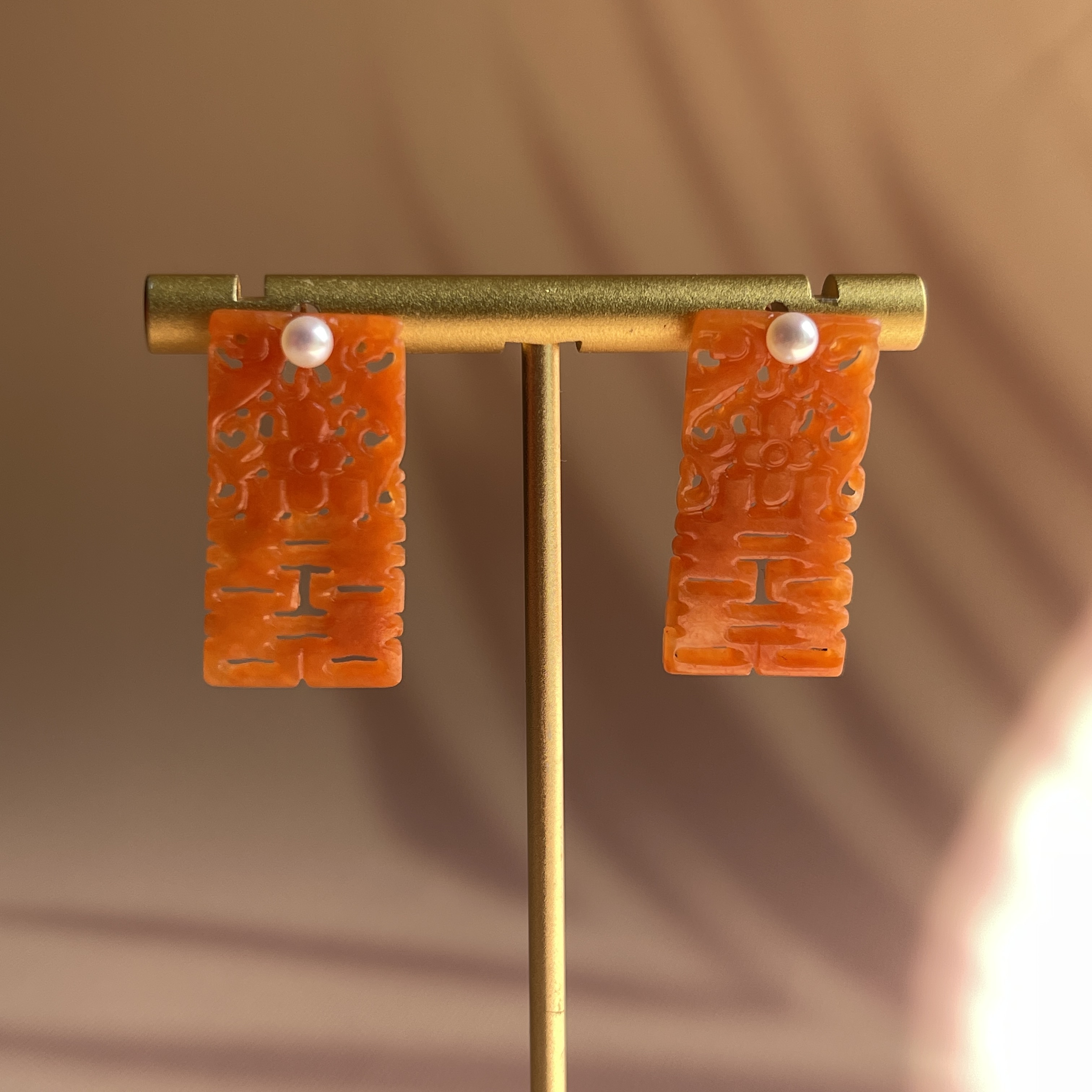 18K Double Happiness Carved Red Jade Earrings (PJA00229)