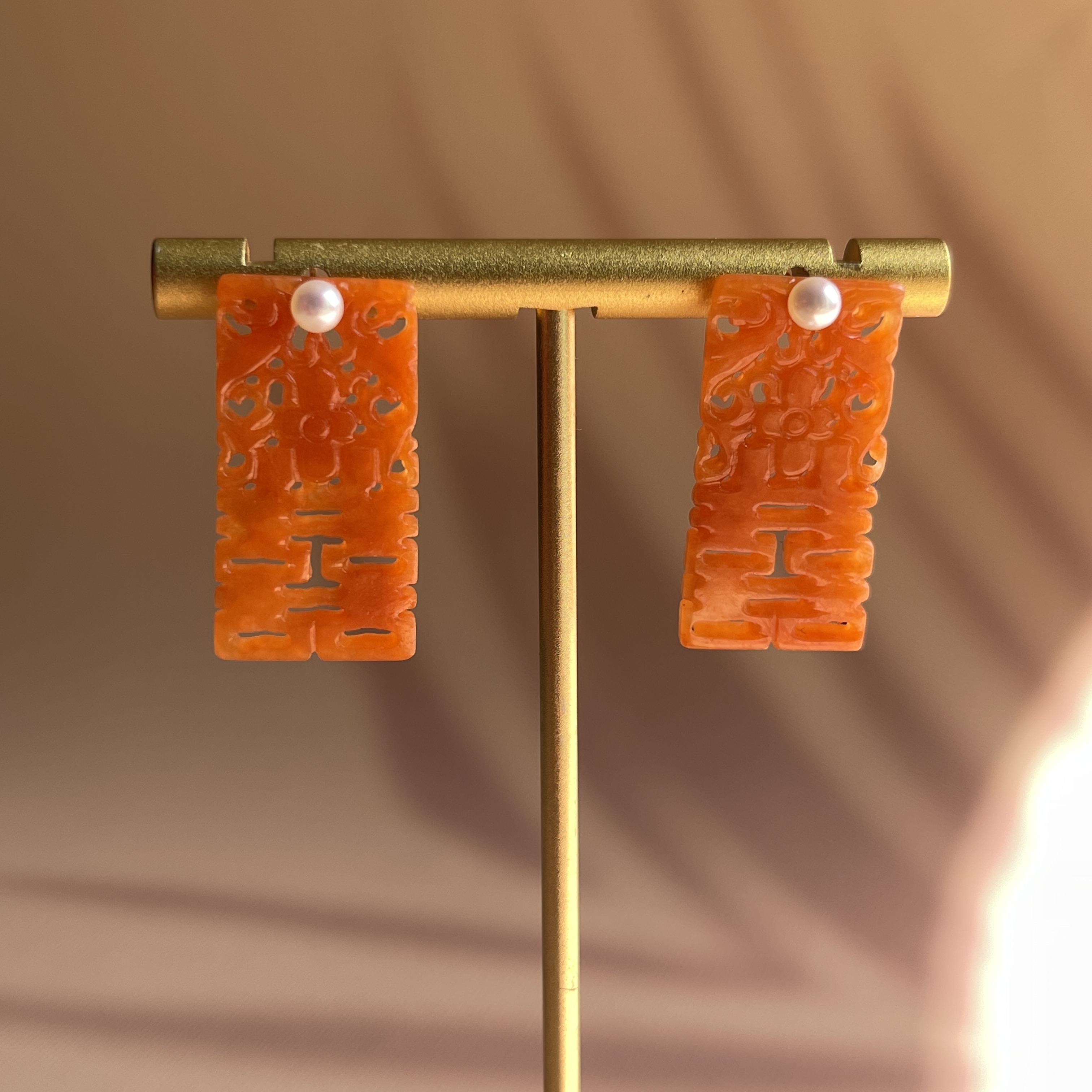 18K Double Happiness Carved Red Jade Earrings (PJA00229)