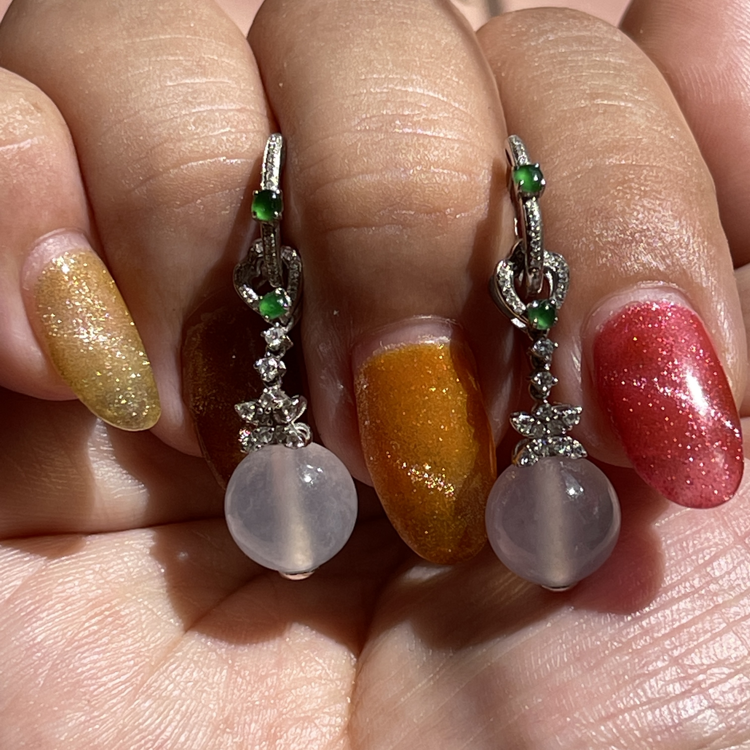 18k White Gold Jade Bead Drop Earrings (PJA00065)