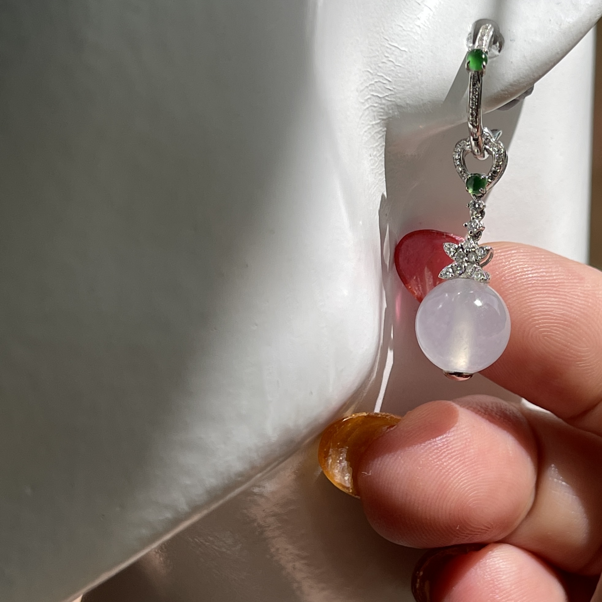 18k White Gold Jade Bead Drop Earrings (PJA00065)