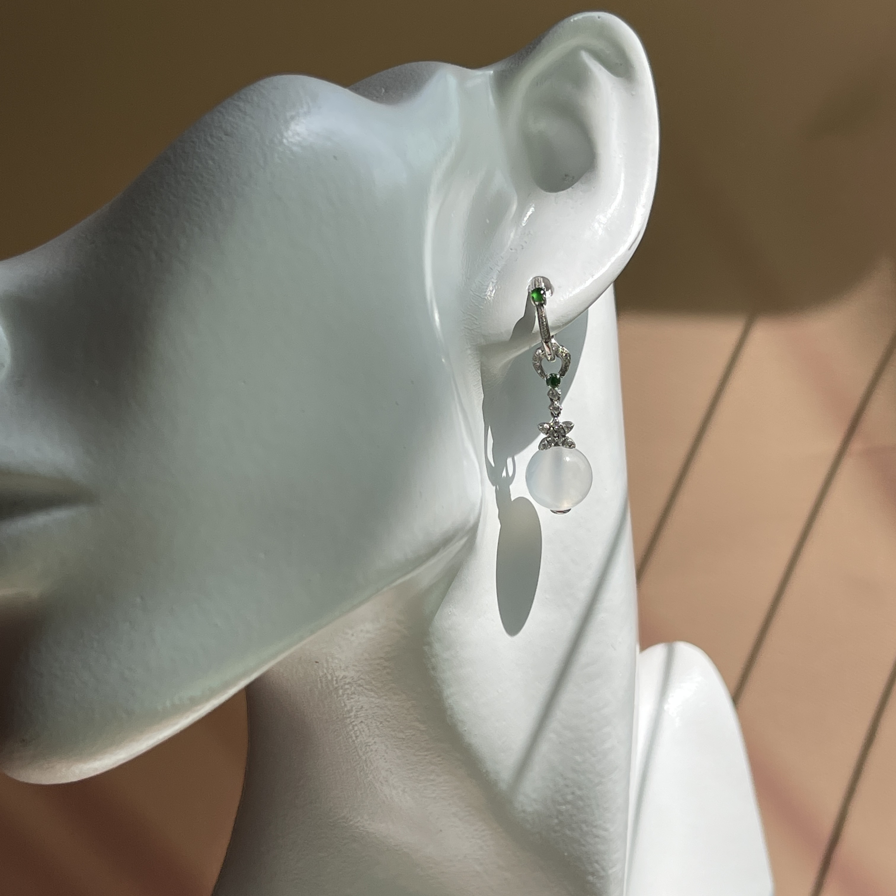 18k White Gold Jade Bead Drop Earrings (PJA00065)