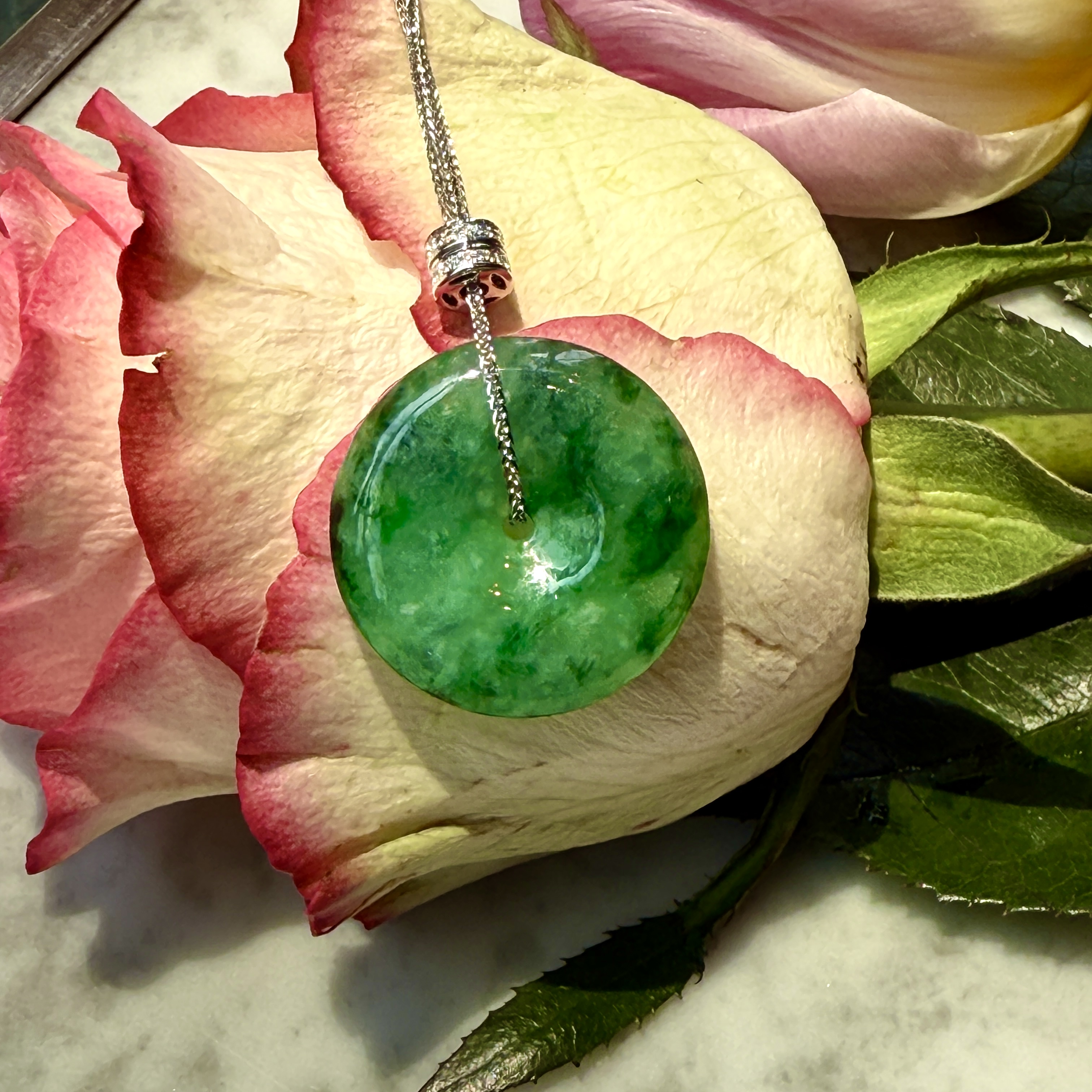 18K White Gold Green Safety Coin Necklace (PJA01141)