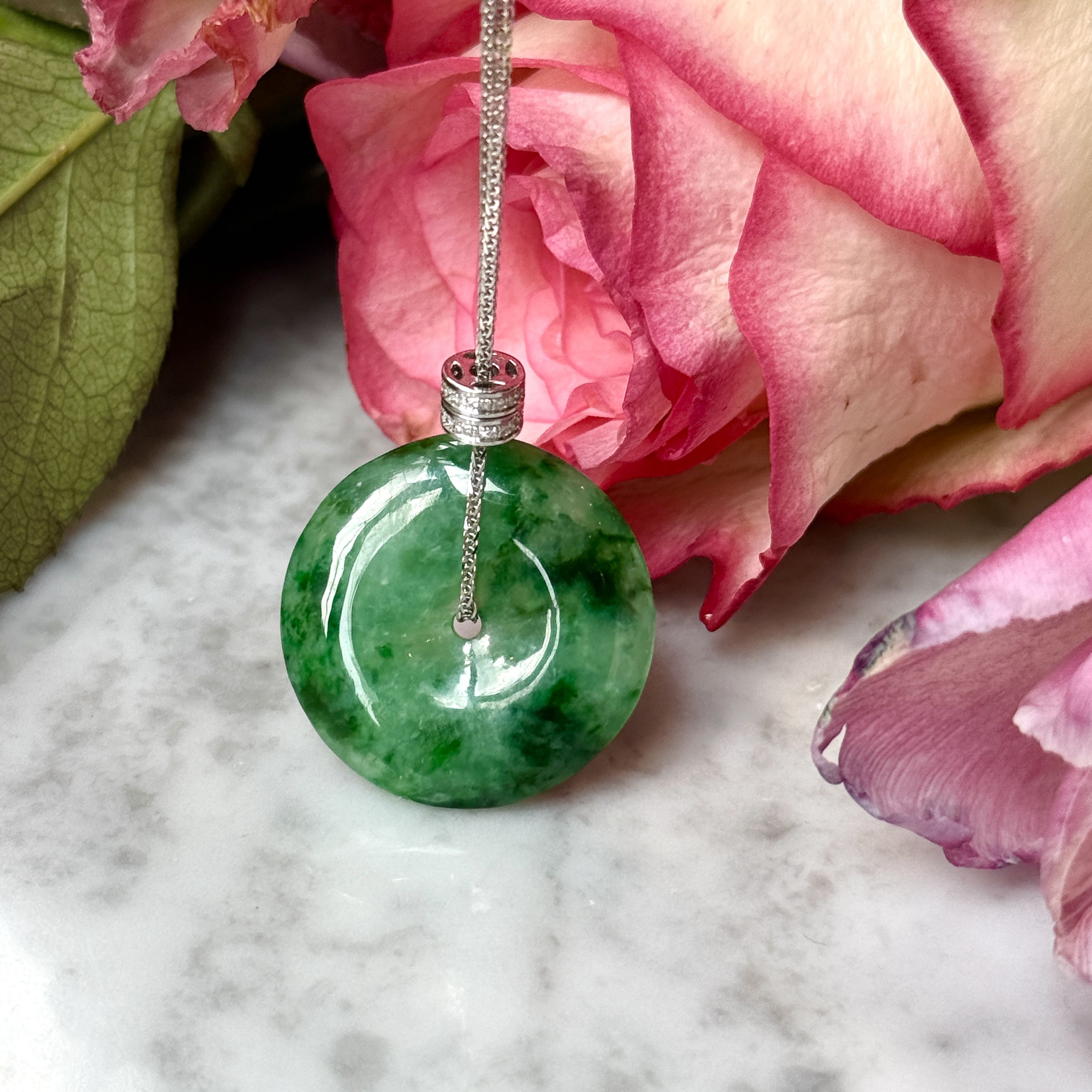 18K White Gold Green Safety Coin Necklace (PJA01141)