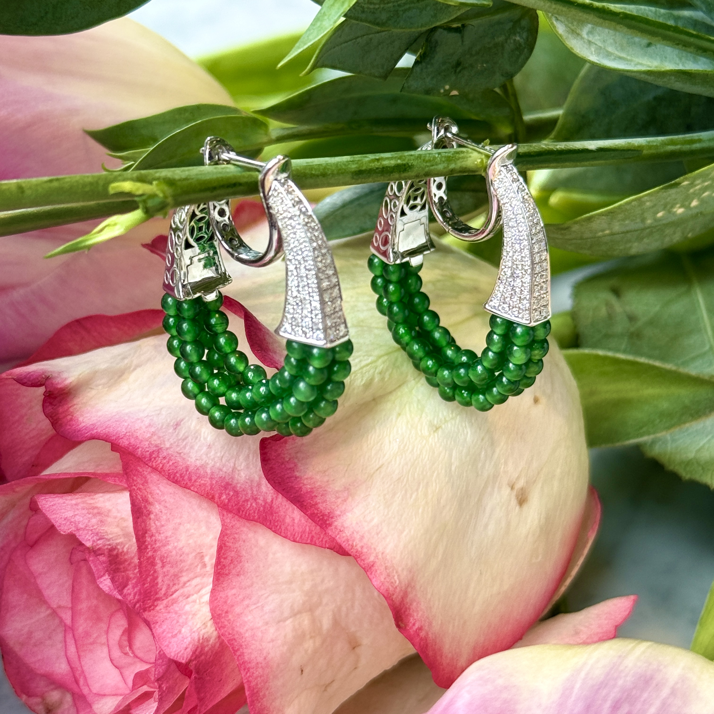 18K White Gold Jade Green Beads Hoop Earrings (PJA00768)