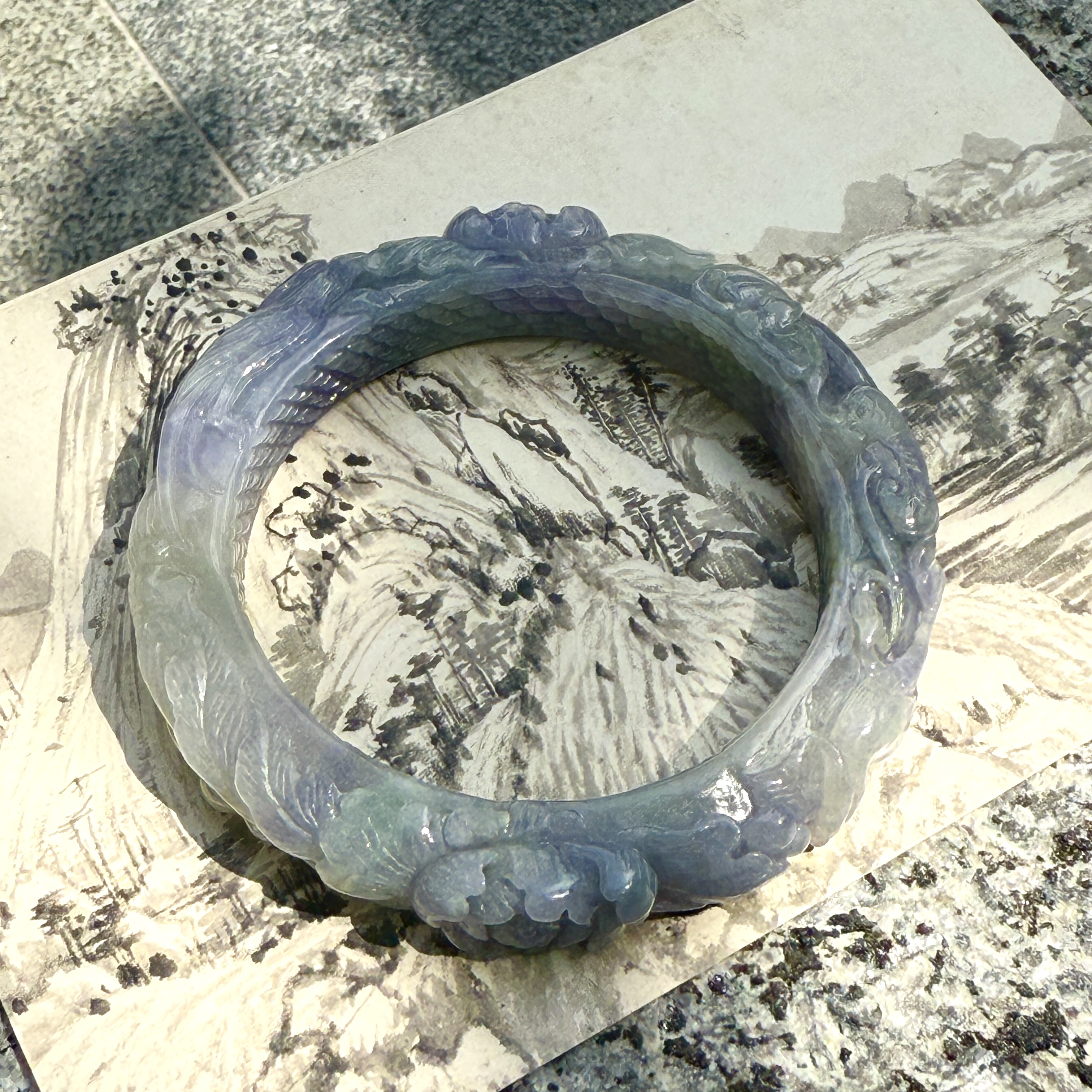 Carved Lavender Jadeite Bangle (PJA00777)
