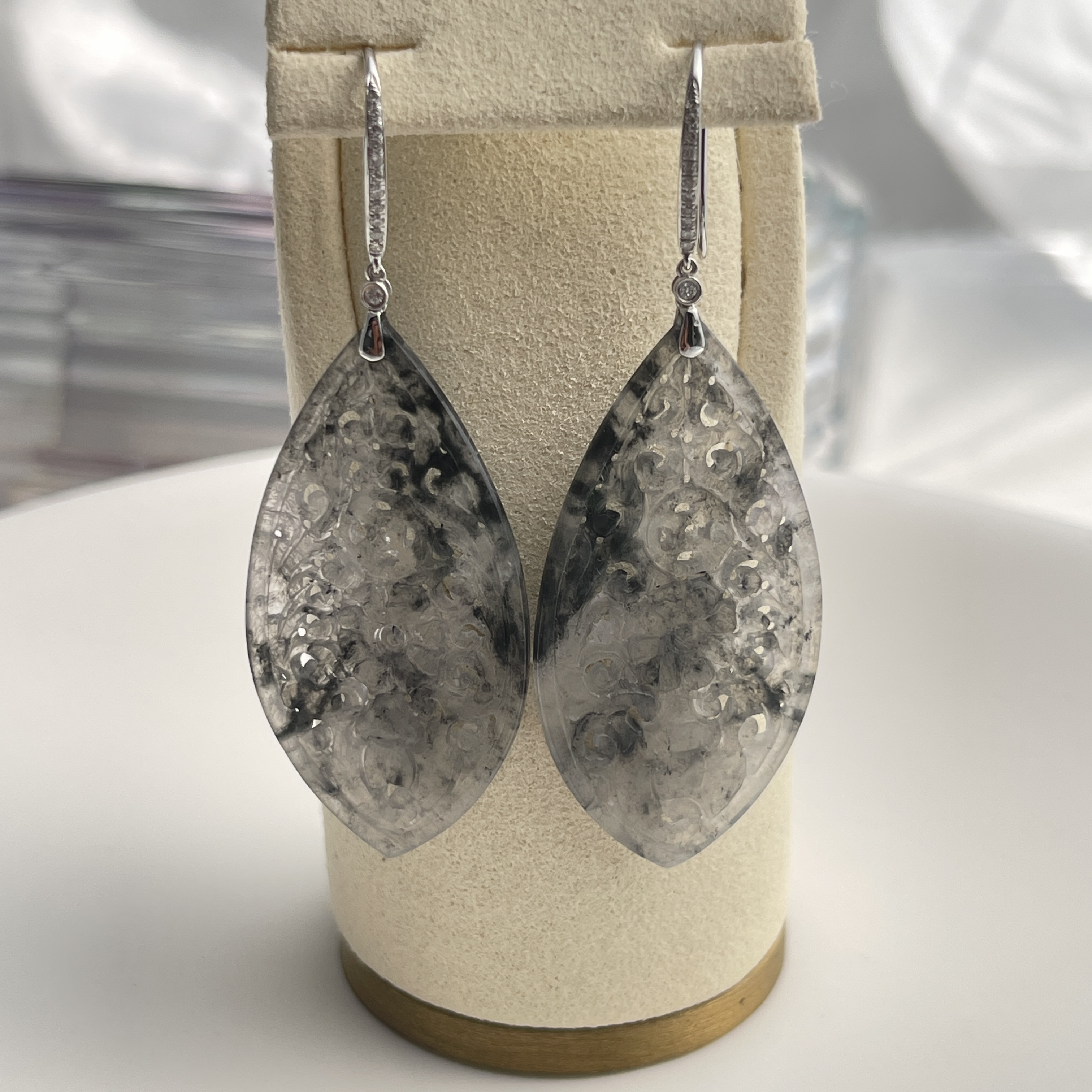Icy Black Jadeite Carved Earrings (PJA00309)