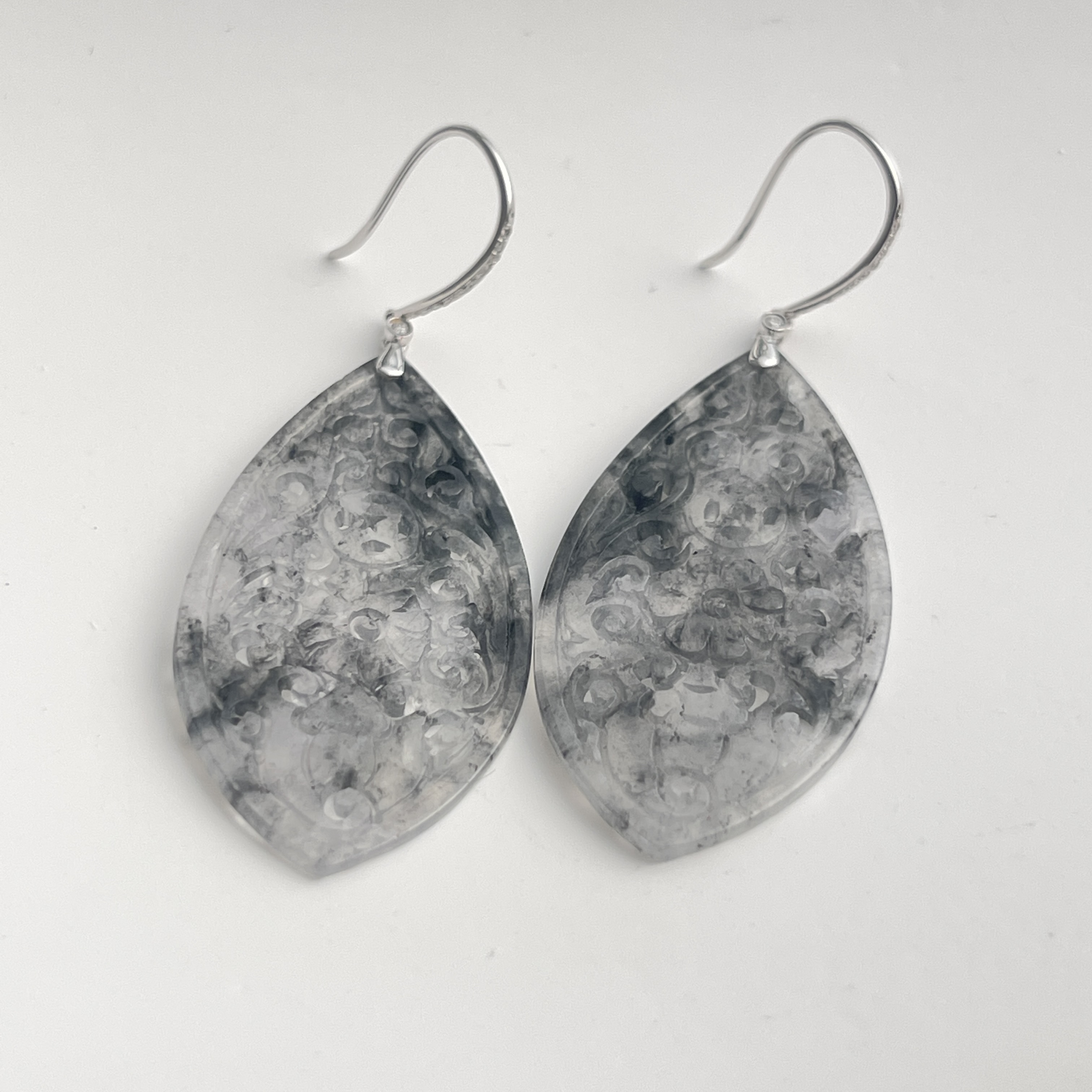 Icy Black Jadeite Carved Earrings (PJA00309)