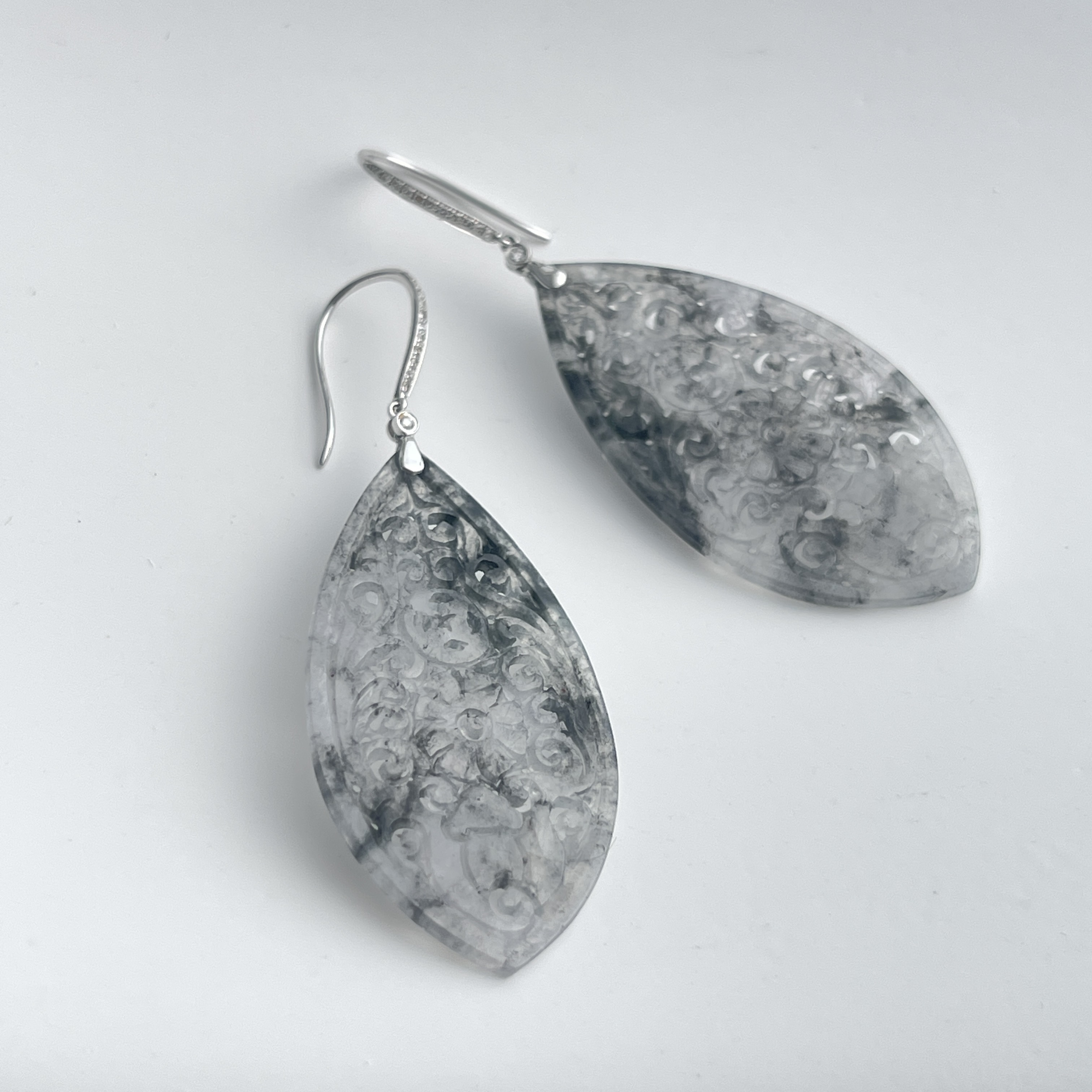 Icy Black Jadeite Carved Earrings (PJA00309)