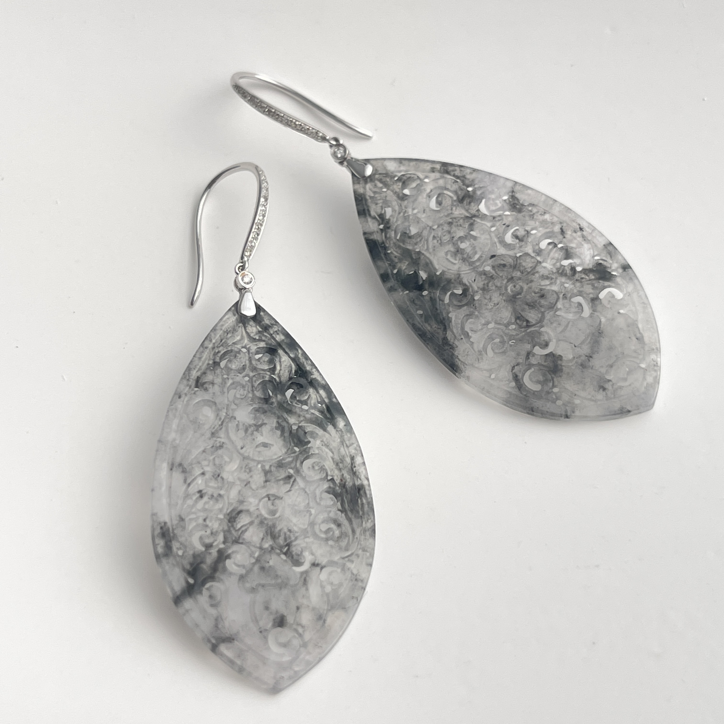 Icy Black Jadeite Carved Earrings (PJA00309)