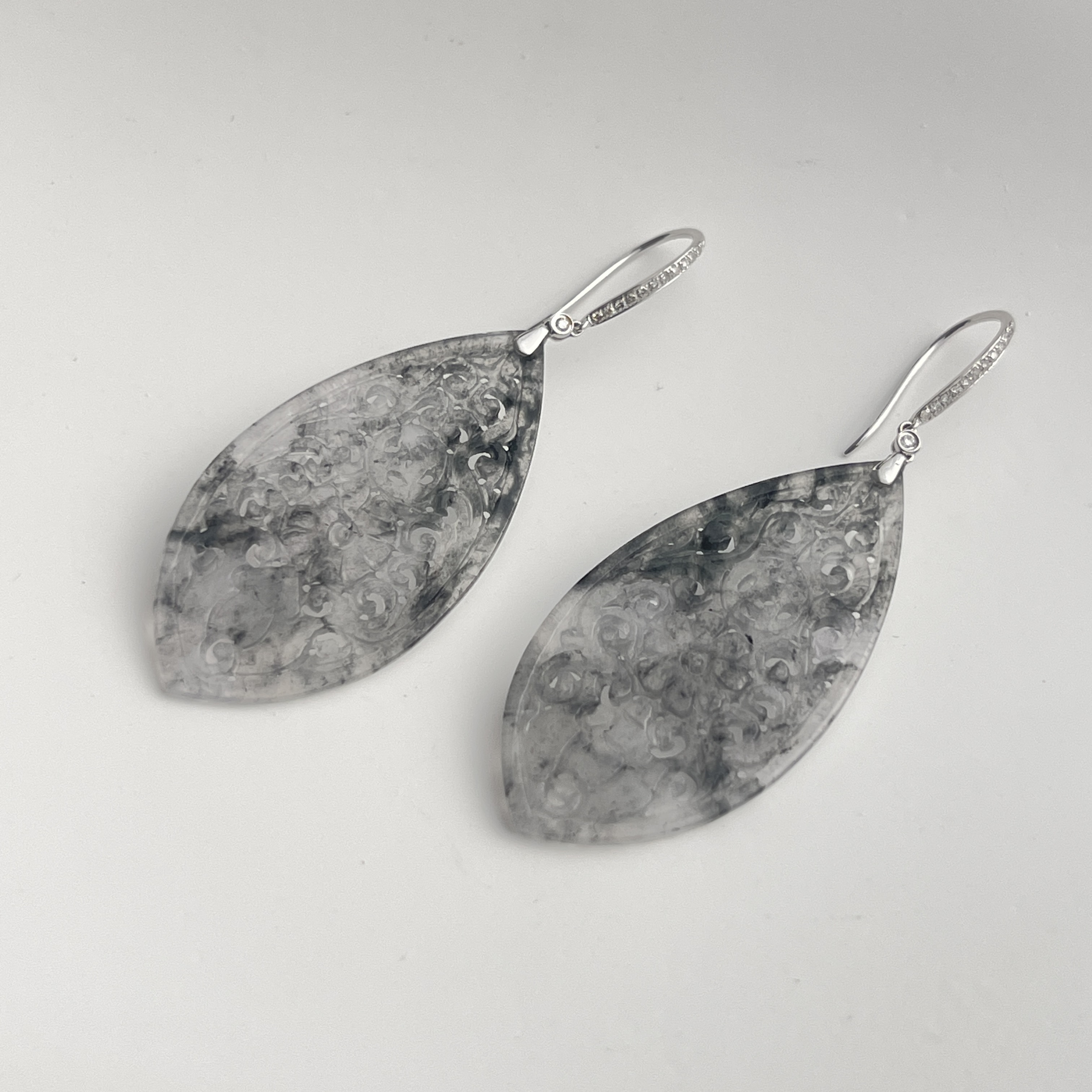 Icy Black Jadeite Carved Earrings (PJA00309)