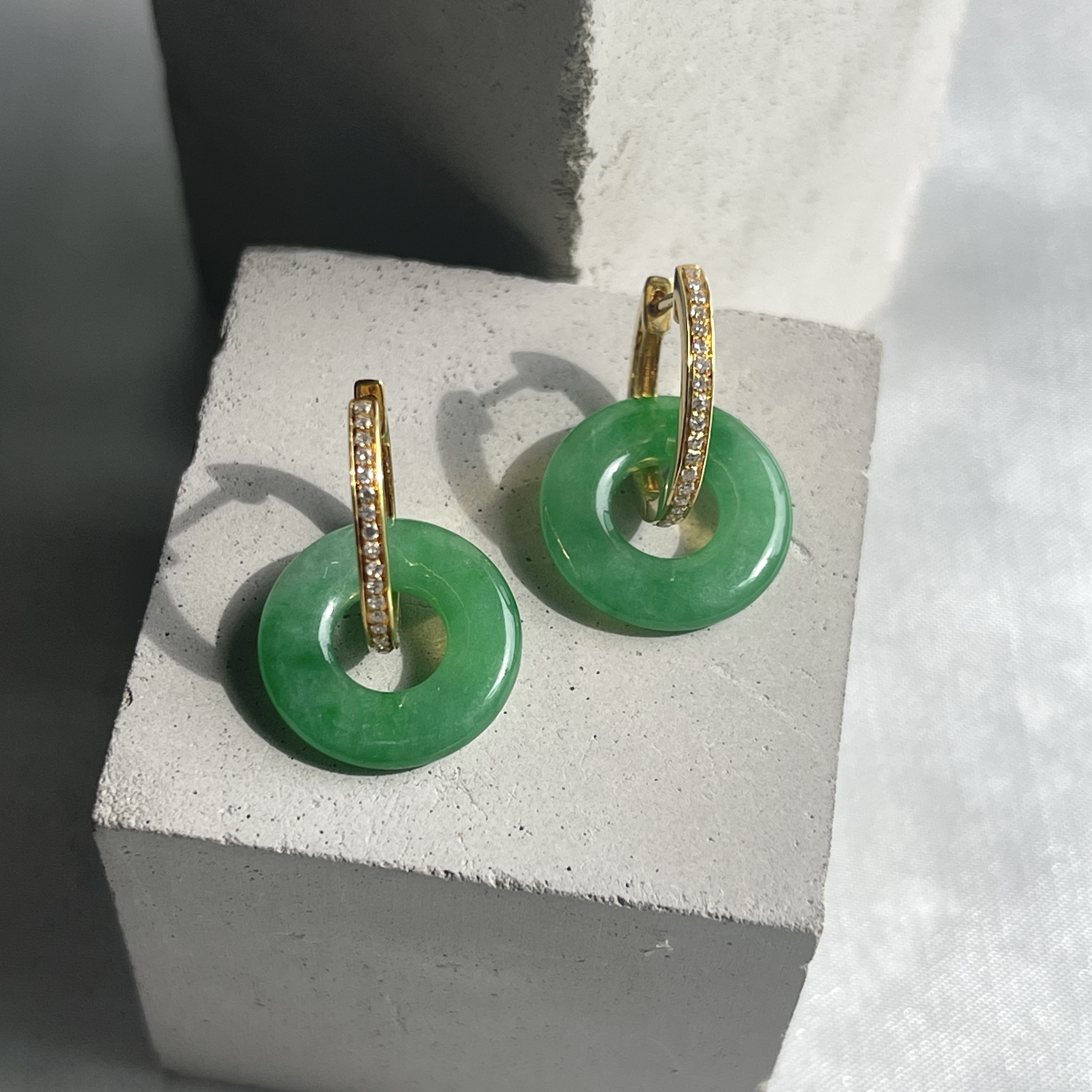 18K Gold Hoops Green Donuts Jadeite Earrings (PJA00149)